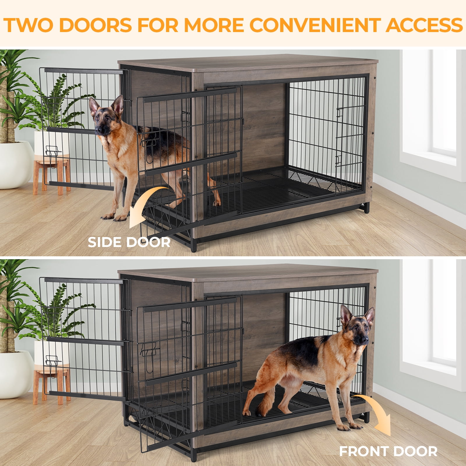 Arlopu 44.1'' Large Dog Crate Furniture, Wooden Dog Cage End Table Indoor Dog Kennel with Double Doors & Pull-Out Tray for Small, Medium, Large Dogs Under 80 lb - Image 5