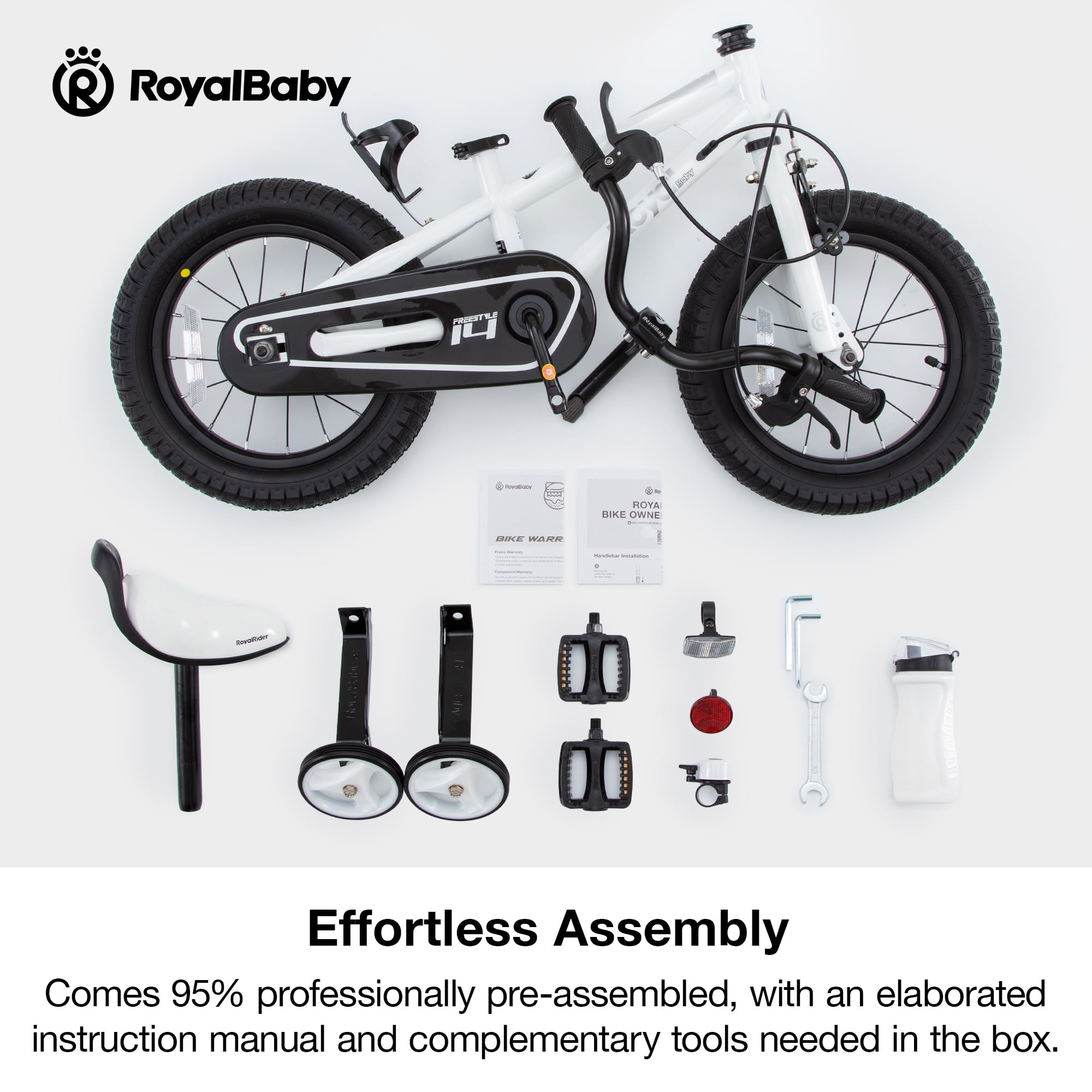 Royalbaby Boys Girls Kids Bike 14 In BMX Freestyle White 2 Hand Brakes Bicycles with Training Wheels Child Bicycle - Image 4