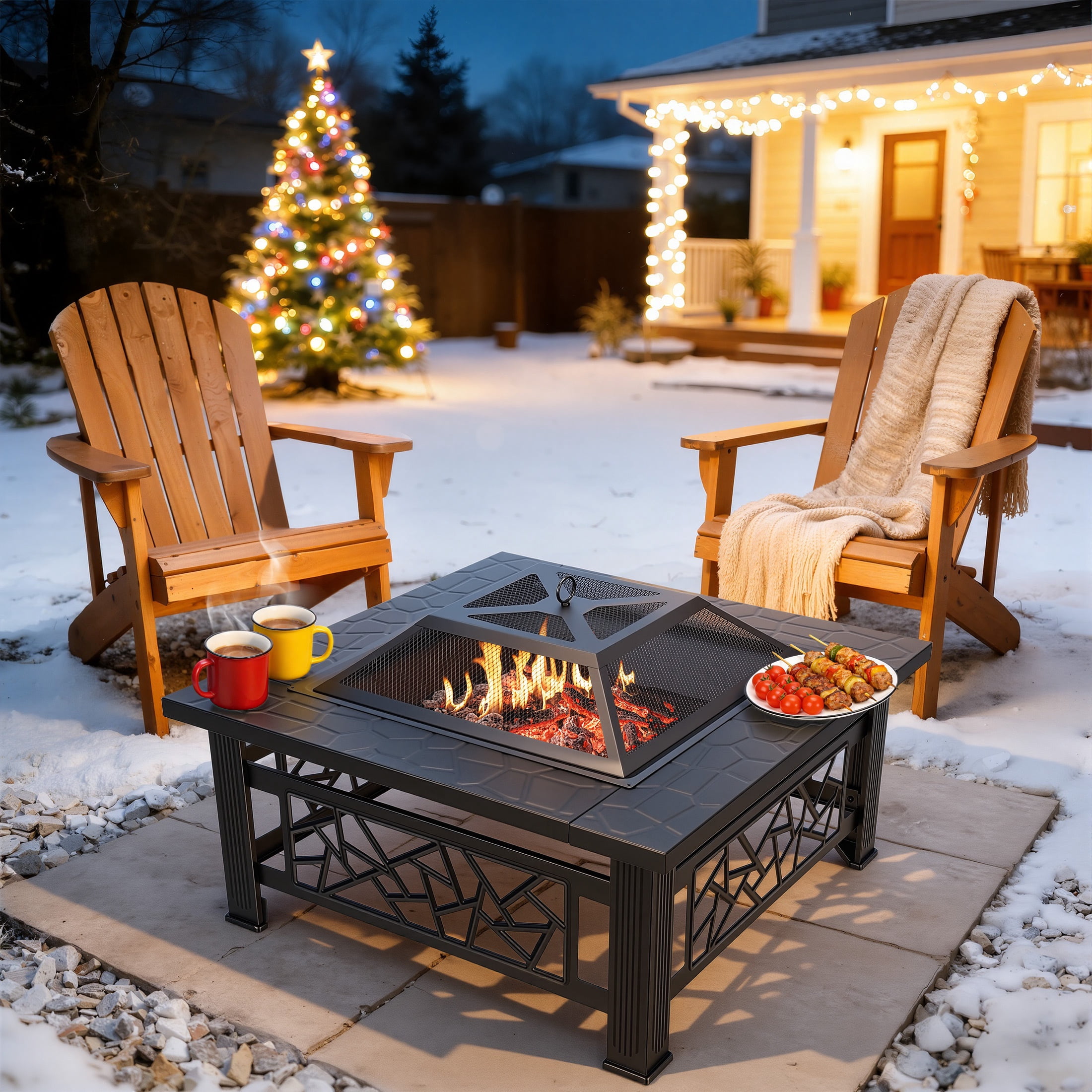 32" Fire Pit Table, UHOMEPRO 3-in-1 Outdoor Fire Pit with BBQ Grill, Mesh Lid & Cover, Modern Metal Square Wood Burning Fire Pit for Outside, Backyard, Patio & Camping - Image 6