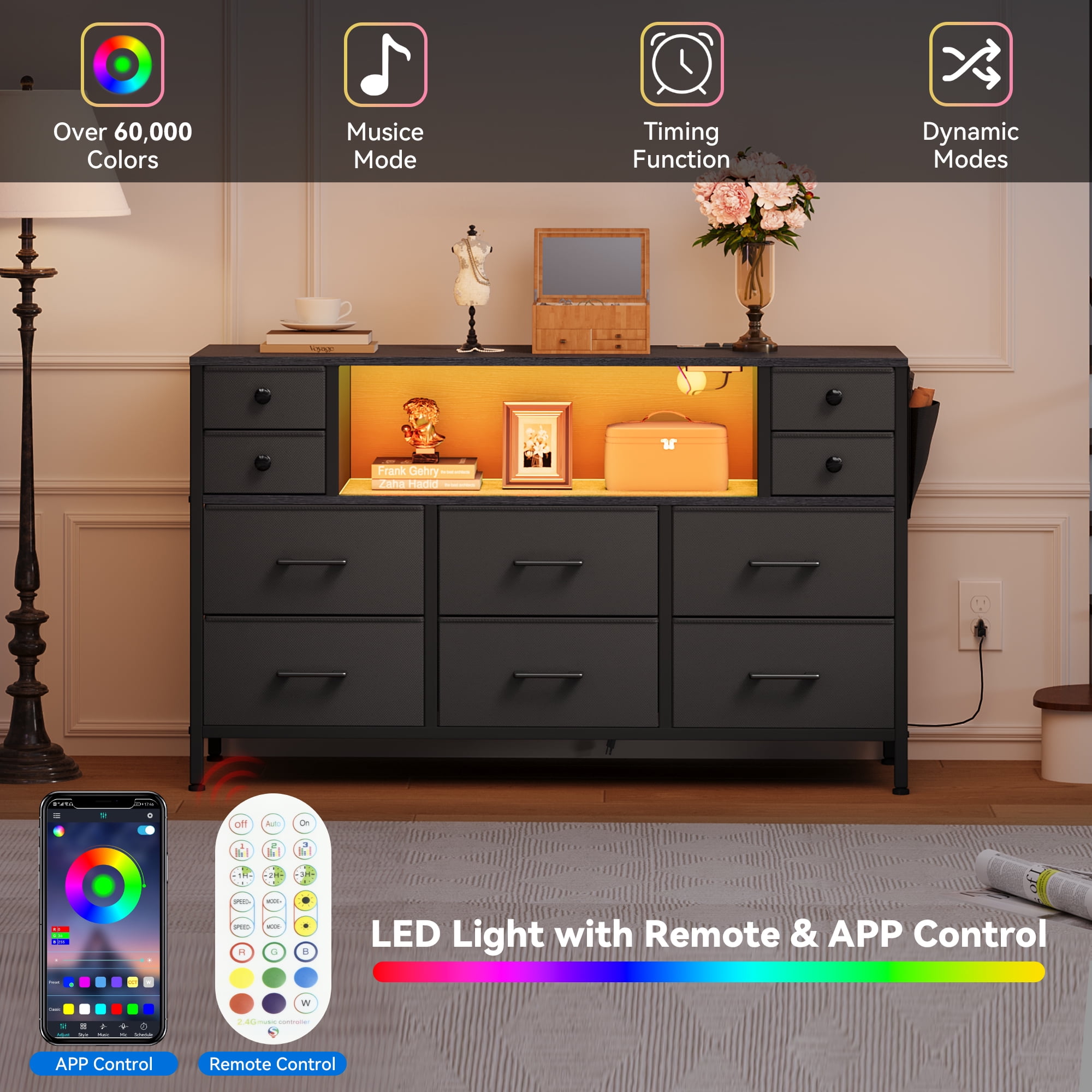 Uforic 10-Drawer Fabric Dresser for Adults, Storage Chest with LED Lights & Power Outlets, TV Stand - Image 2