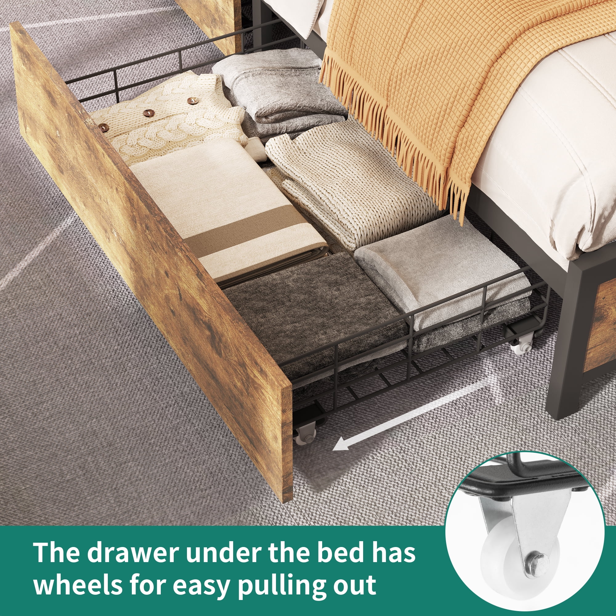 Dextrus Queen Size LED Wooden Bed Frame with 4 Drawers & Charging Station,No Box Spring Needed,Brown - Image 5