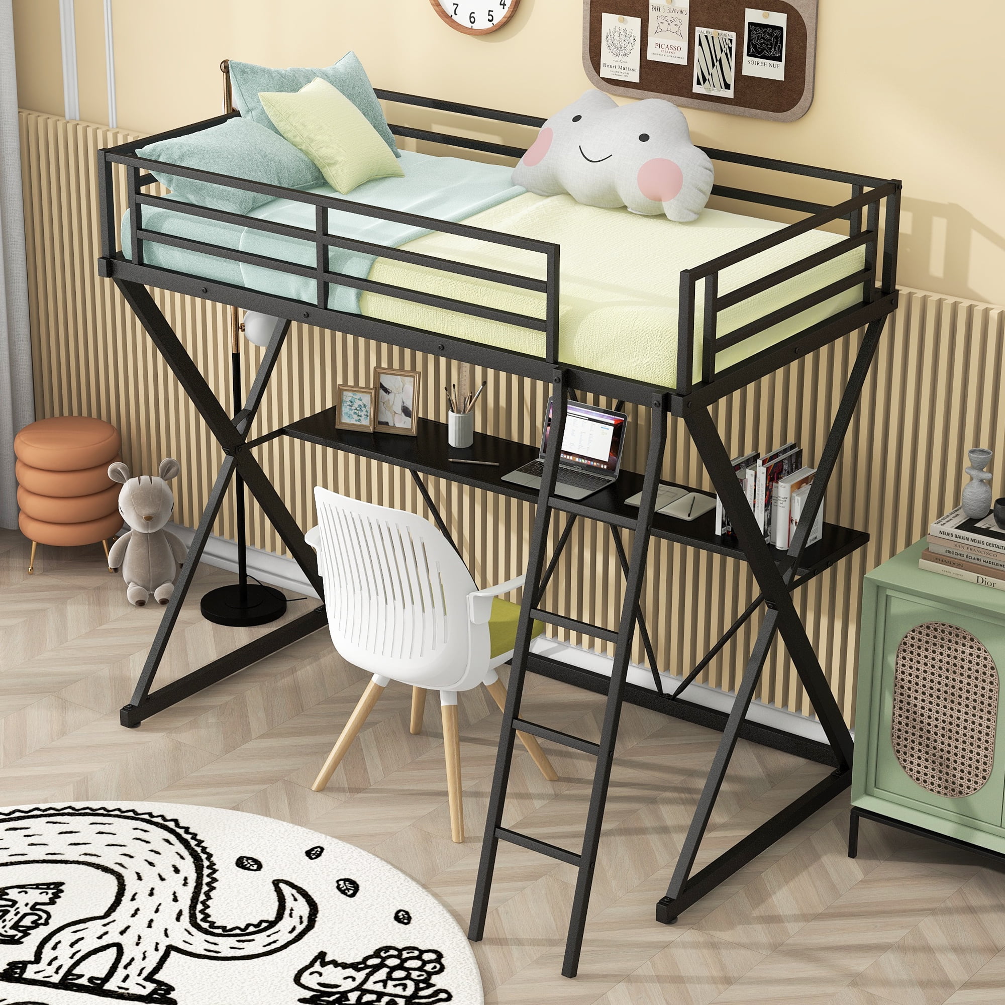 EUROCO Steel Twin Loft Bed with Desk and Ladder, X-Shaped Frame for Kids Teens, Black - Image 11