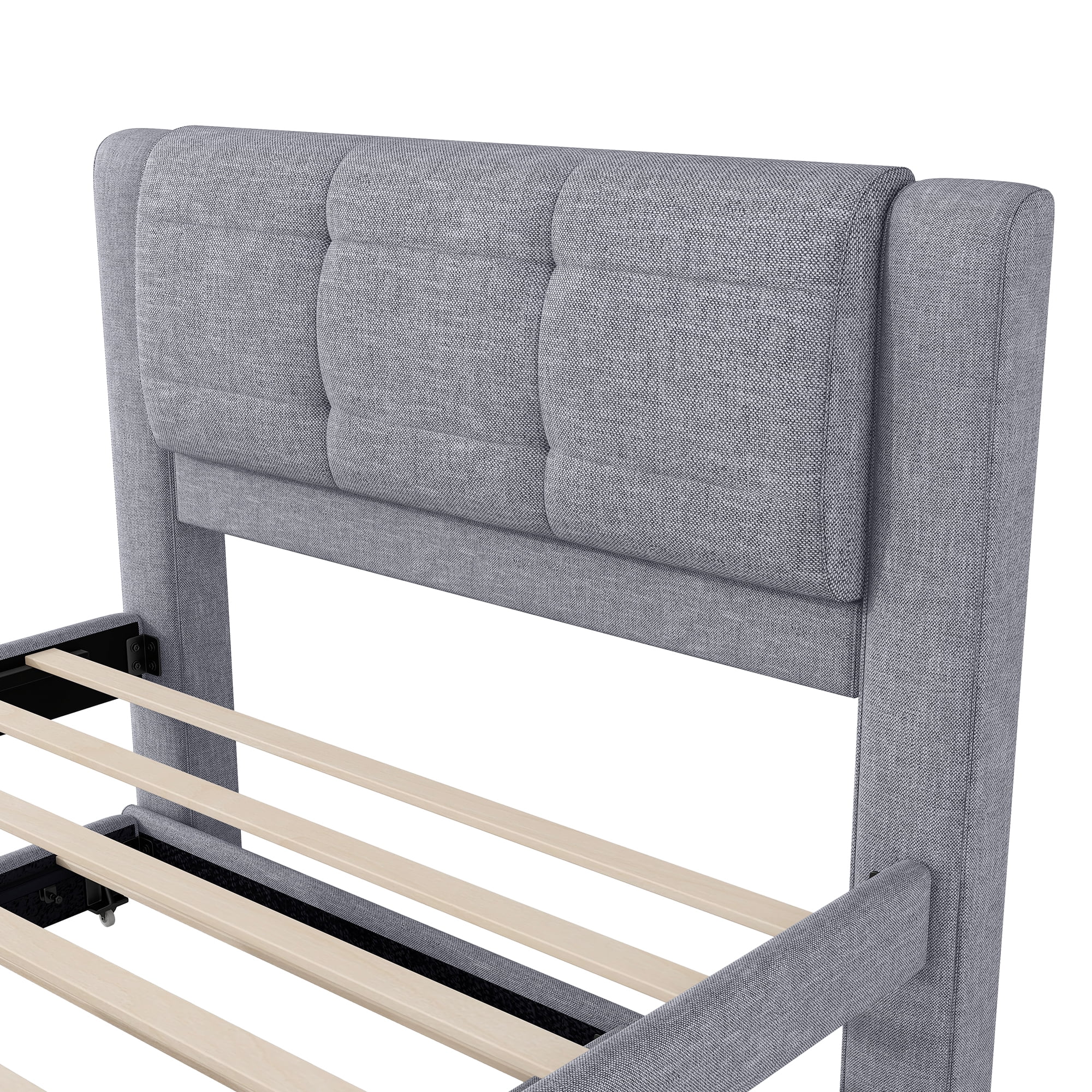 Euroco Upholstered Full Platform Bed with Pop-up Twin Trundle for Bedroom, 2 Beds in One, Gray - Image 7