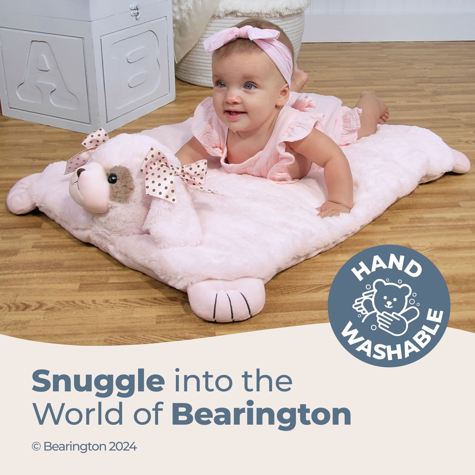 Bearington Baby Wiggles Tummy Time Mat, 30 x 23 Inch Pink Puppy Dog Plush Stuffed Animal Baby Mat Blanket - Image 2