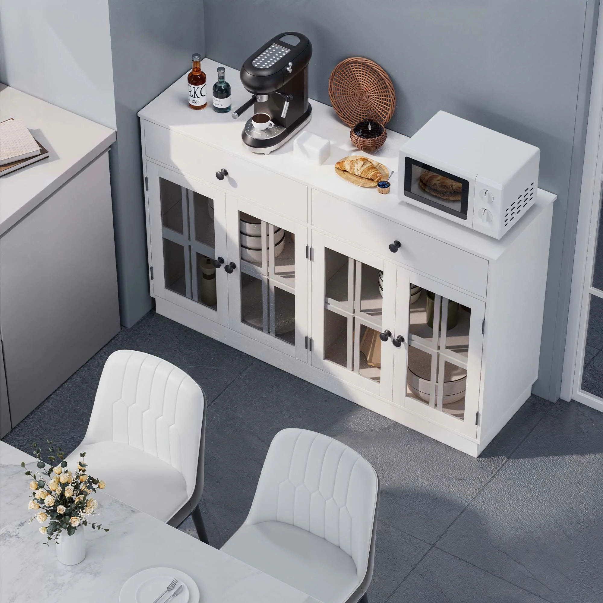 MARNUR 53.3" Modern Sideboard Buffet with 2 Drawers & 4 Glass Doors & LED Light, Large Kitchen Cabinet for Dining Room, Kitchen, Living Room, White - Image 3