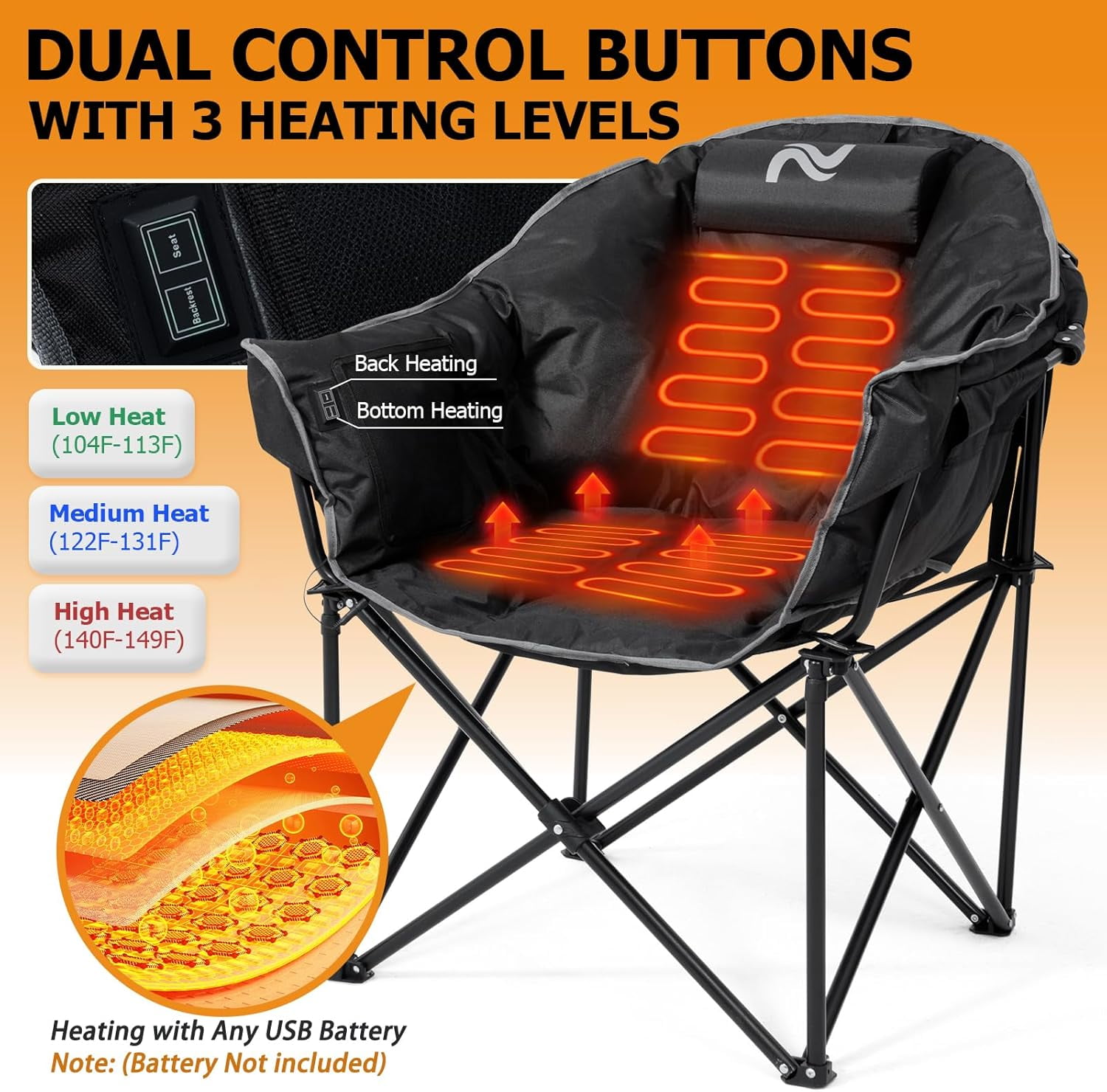 ABORON Oversized Heated Camping Chair with Pillow, Outdoor Portable Heated Folding Chairs, Patio Lounge Chairs with 3 Heat Levels, Heating Chair for Outdoor Sports, Camping - Image 4