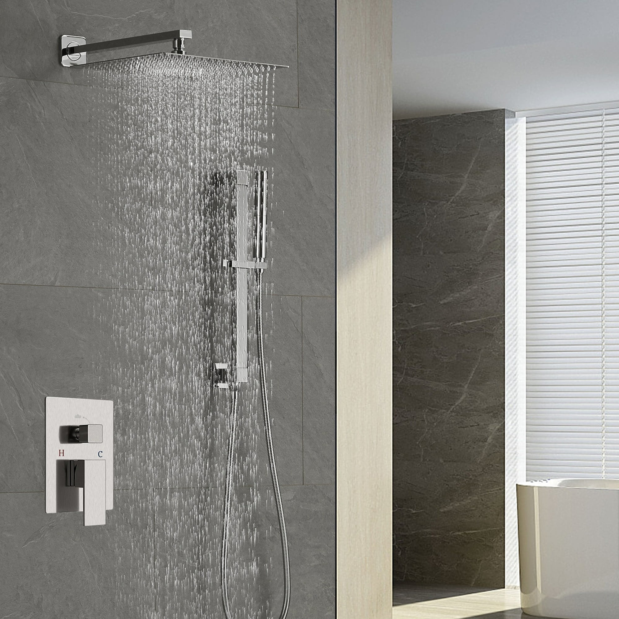 BESy Brushed Nickel Shower System with Adjustable Angle Slide Bar, 12 inch Rain Shower Head and Wand Wall Mounted, Rainfall Shower Faucet Fixture Combo Set - Image 3