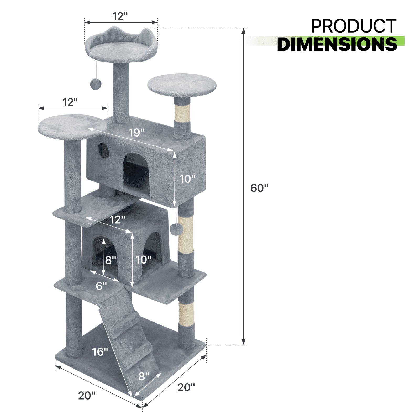 Magshion 60" Multi-Level Cat Tree Tower with Caves, Gentle Ramp, and Pompoms for Indoor Cats, Light Gray - Image 7