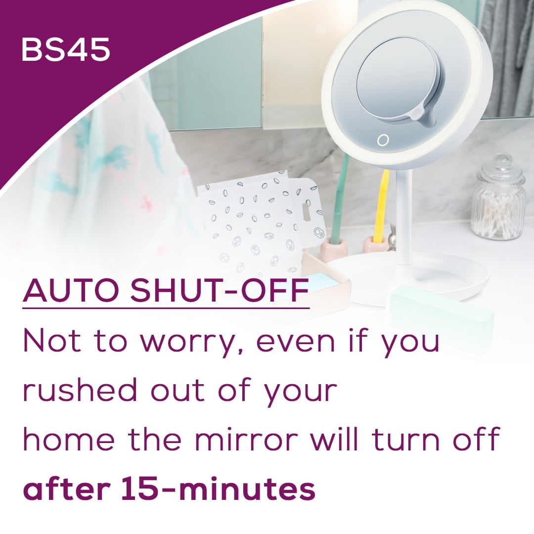 Beurer Illuminated 5x Vanity and Cosmetics Mirror, Touch Sensor Surface, Storage Tray, With Portable, Magnetic Magnifying MakeUp Mirror, White LED Light and Dimmer, Cordless, 360° Rotation, BS45 - Image 6