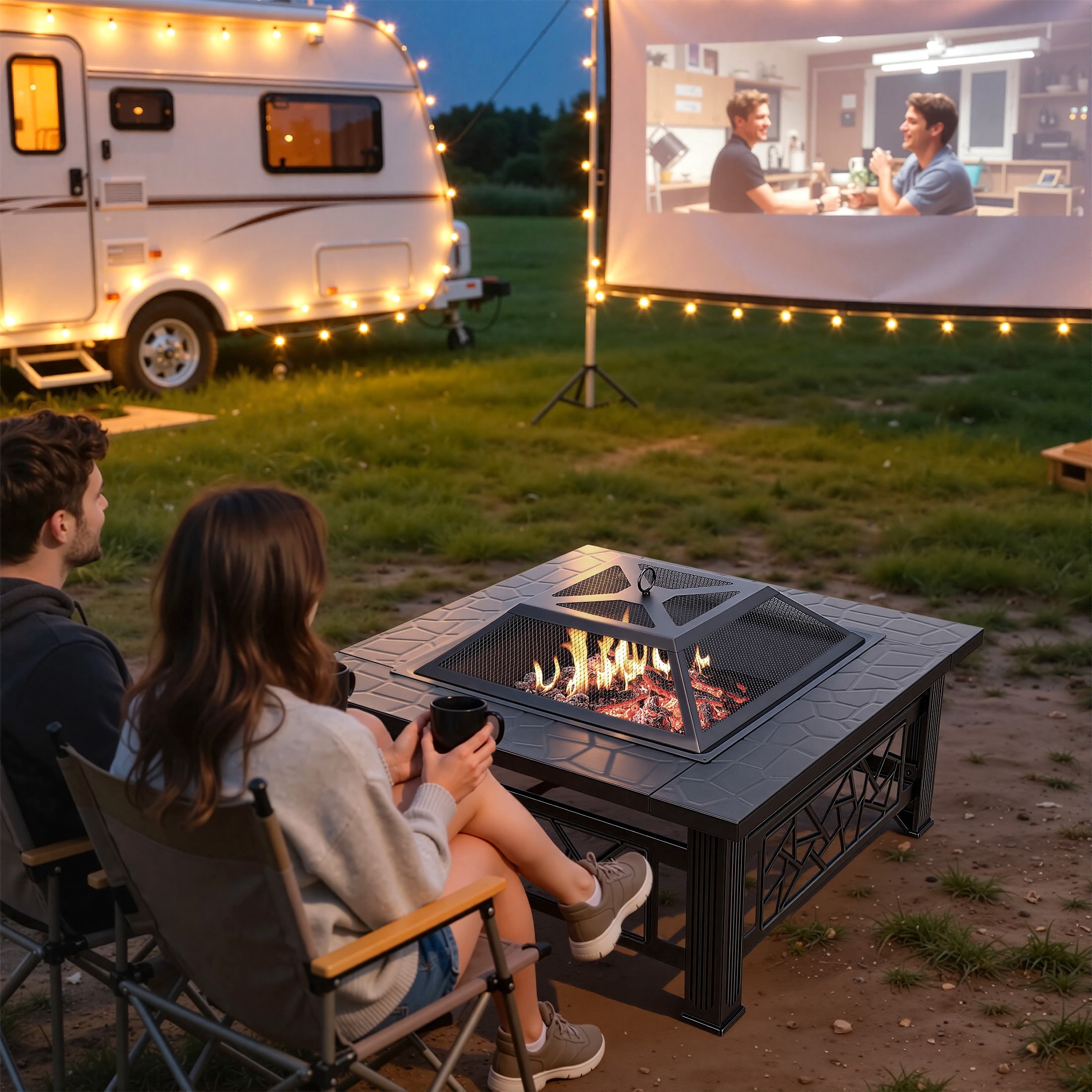 32" Fire Pit Table, UHOMEPRO 3-in-1 Outdoor Fire Pit with BBQ Grill, Mesh Lid & Cover, Modern Metal Square Wood Burning Fire Pit for Outside, Backyard, Patio & Camping - Image 5