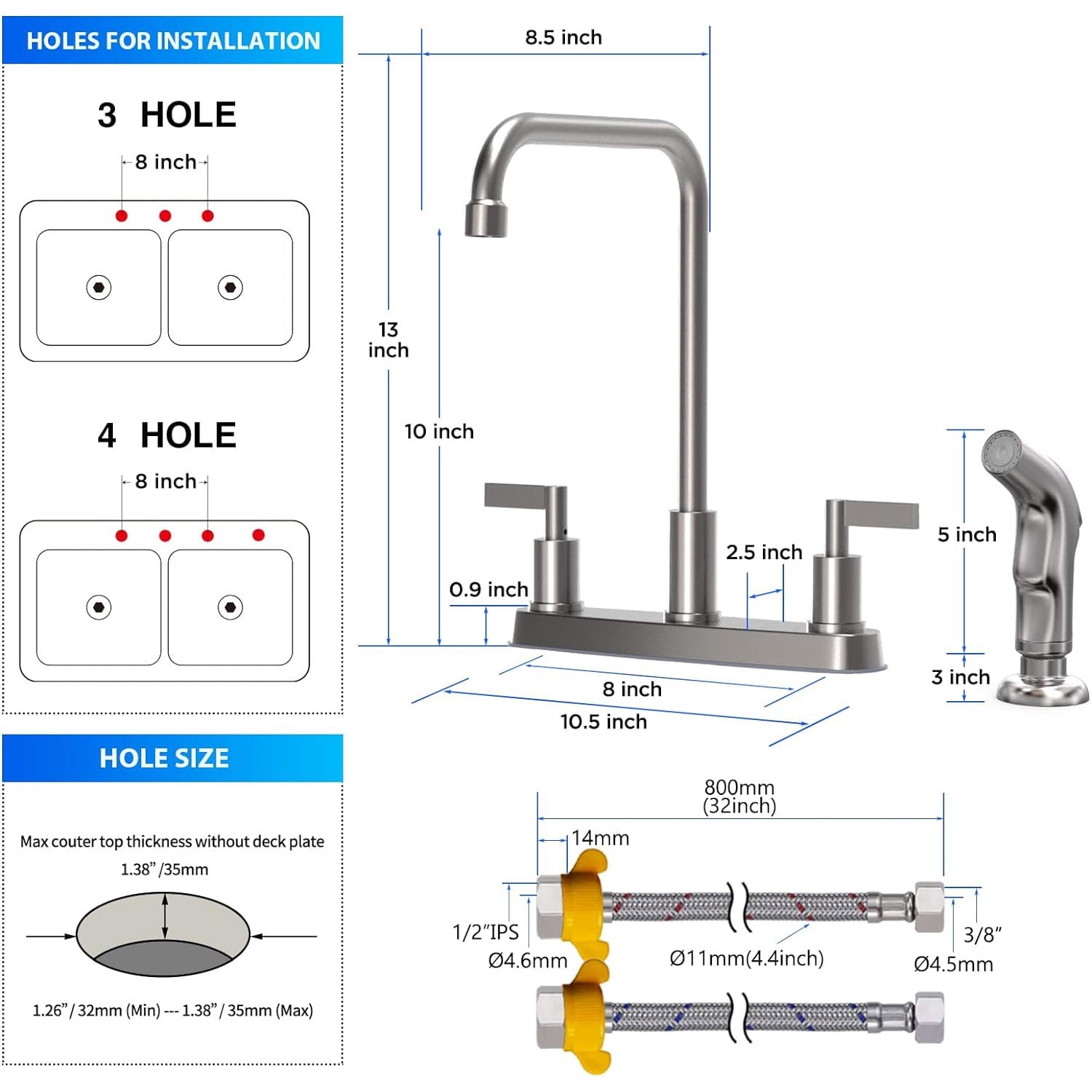 GOWIN - Kitchen Faucet with Sprayer,Brushed Nickel Kitchen Sink Faucet,3 Hole or 4 Hole Faucet for Kitchen Sink,Stainless Steel 2 Handle Kitchen Faucet with Side Sprayer,4 Hole Kitchen Faucets - Image 7