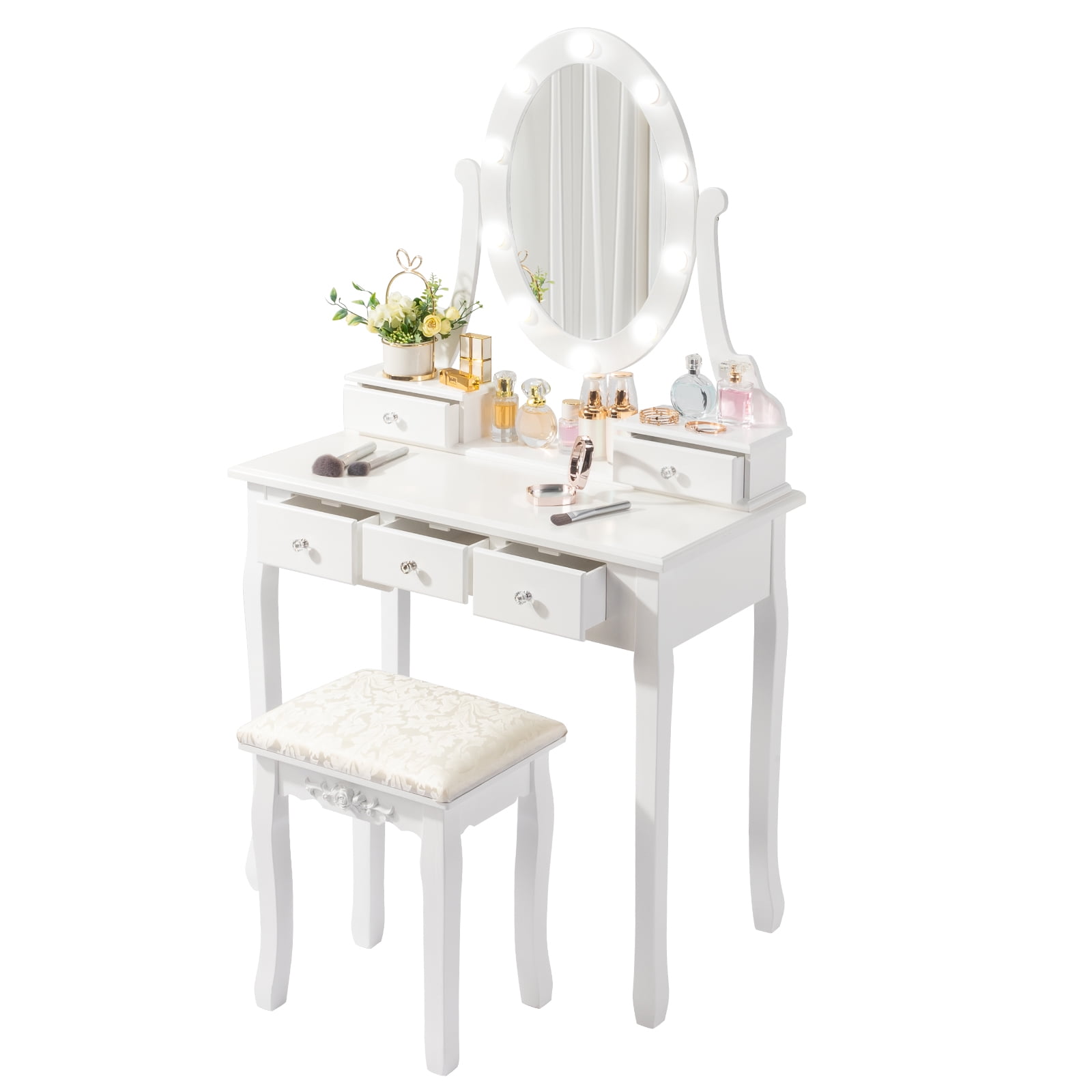 Ktaxon Vanity Table 10 LED Lights, 5 Drawers Makeup Dressing Desk with Cushioned Stool Set,Bedroom Vanities Set White - Image 5