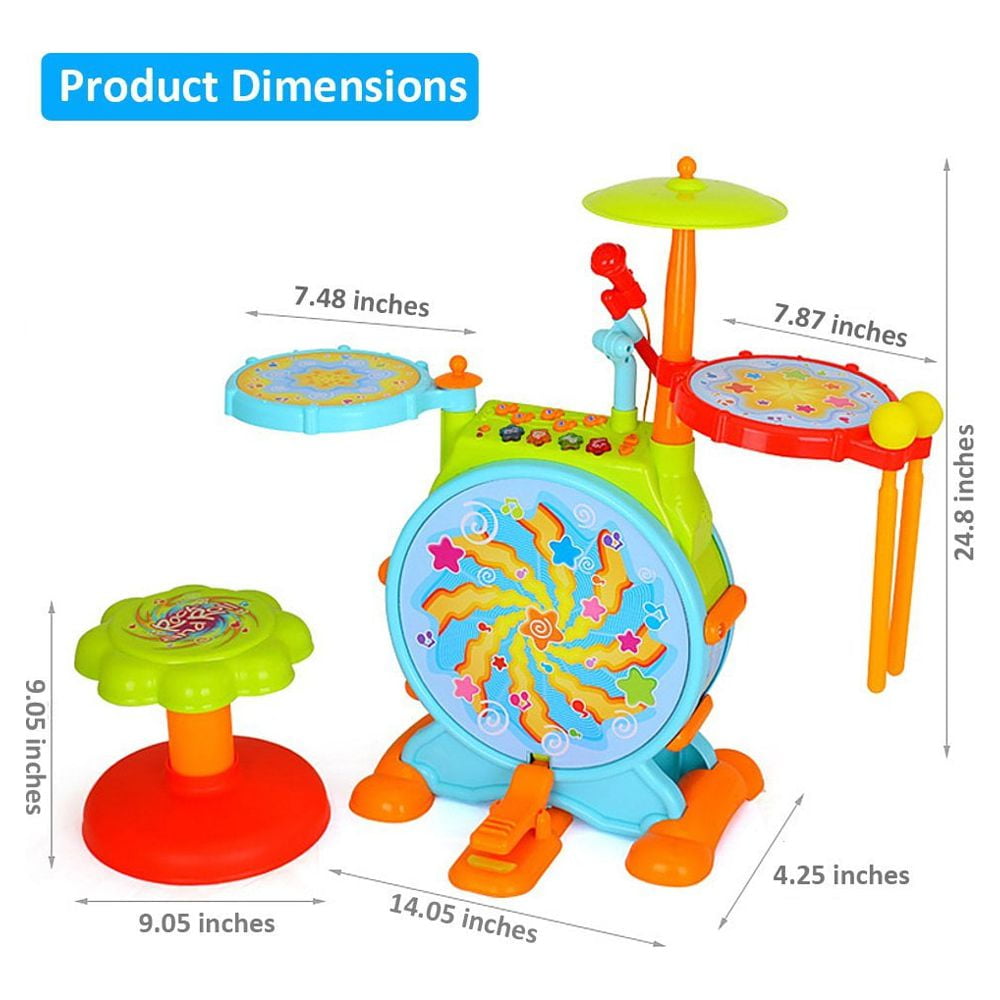 Play Baby Musical Big Toy Kids Drum Set With Adjustable Mic And Seat - Many Functions And Activities For Hours Of Play - Pretend To Be A Real Drummer With Drumsticks, Pedals, And Bass Drum - Image 2