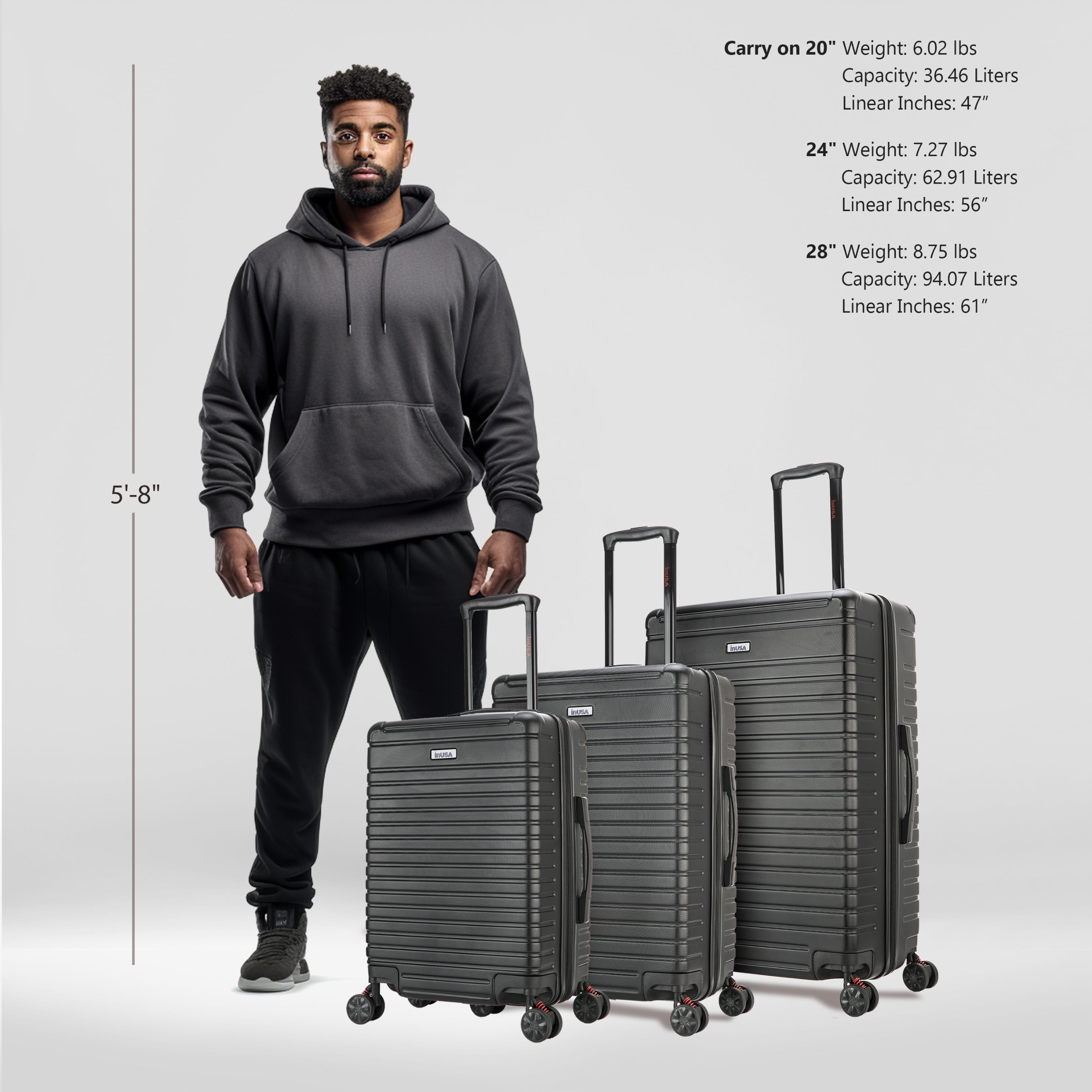 InUSA Deep 3-Piece Hardside Luggage Sets with Spinner Wheels, Handle, Trolley, (20"/24"/28"), Black - Image 5