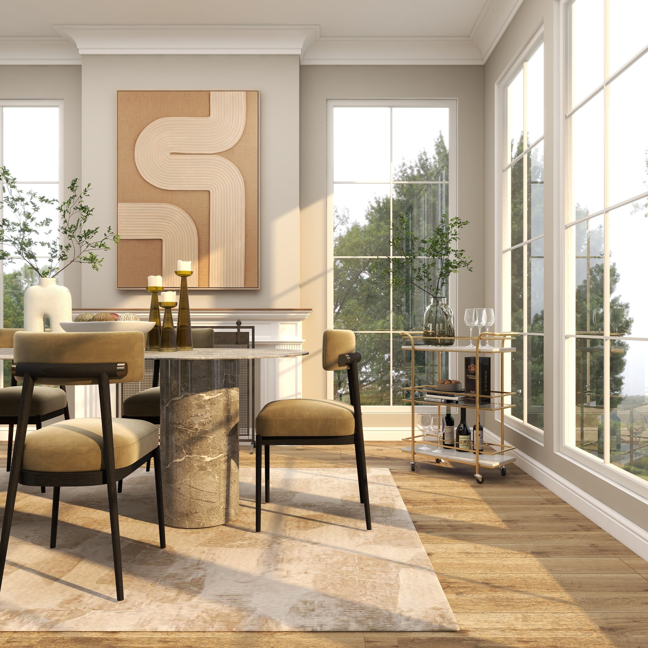 DecMode 27" x 33" Gold Marble Rolling 2 Shelf Bar Cart with Handles, 1-Piece - Image 5