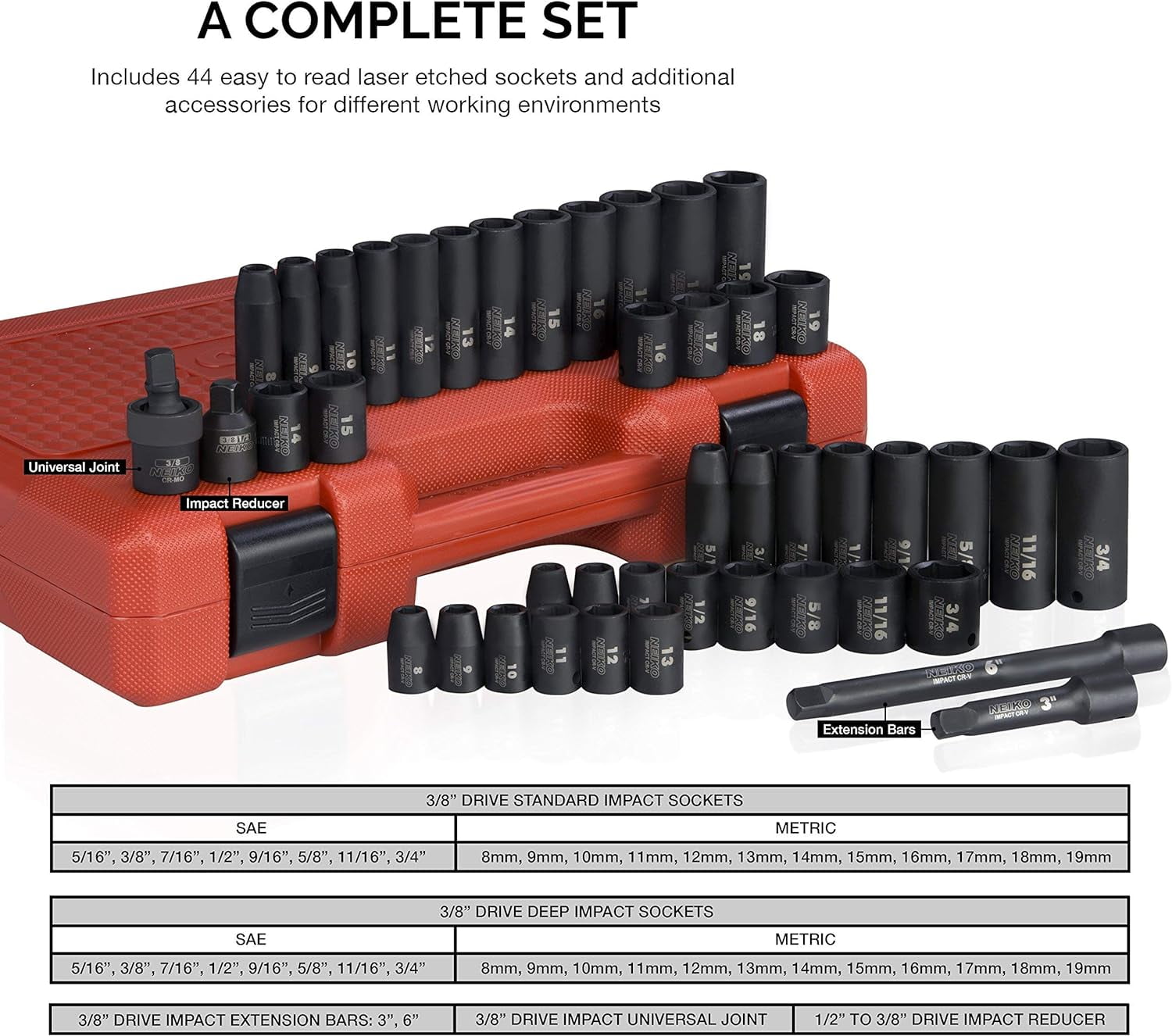 NEIKO 02440A 3/8-Inch-Drive Impact Socket Set, SAE Sizes 5/16" to 3/4" and Metric Sizes 8 mm to 19 mm, Includes Extension Bars and U-Joint, 44 Pieces - Image 3