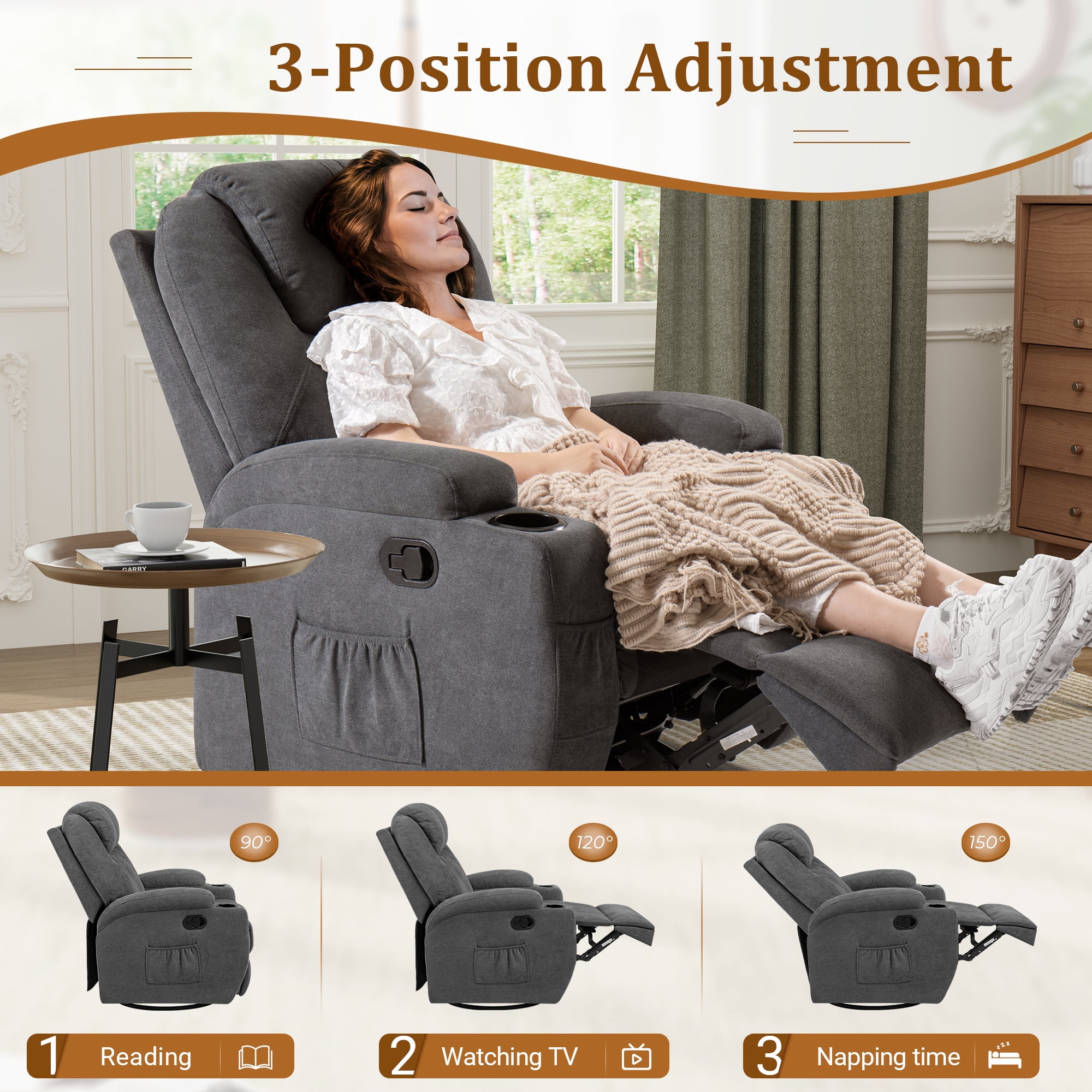 Vineego Recliner,Modern Fabric Rocking Chair with Massage,360 Degree Swivel Single Sofa Seat with Drink Holder - Image 6