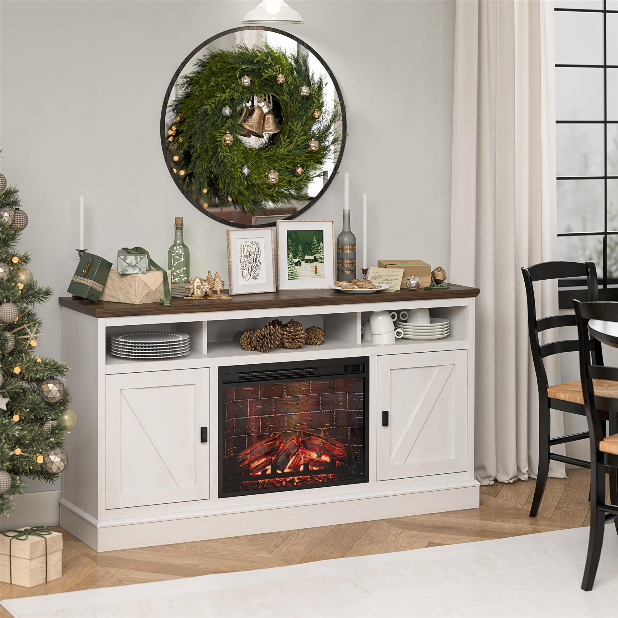 Ashton Lane Electric Fireplace TV Stand with Remote for TVs up to 65in, Magnolia Oak/Columbia Walnut - Image 4