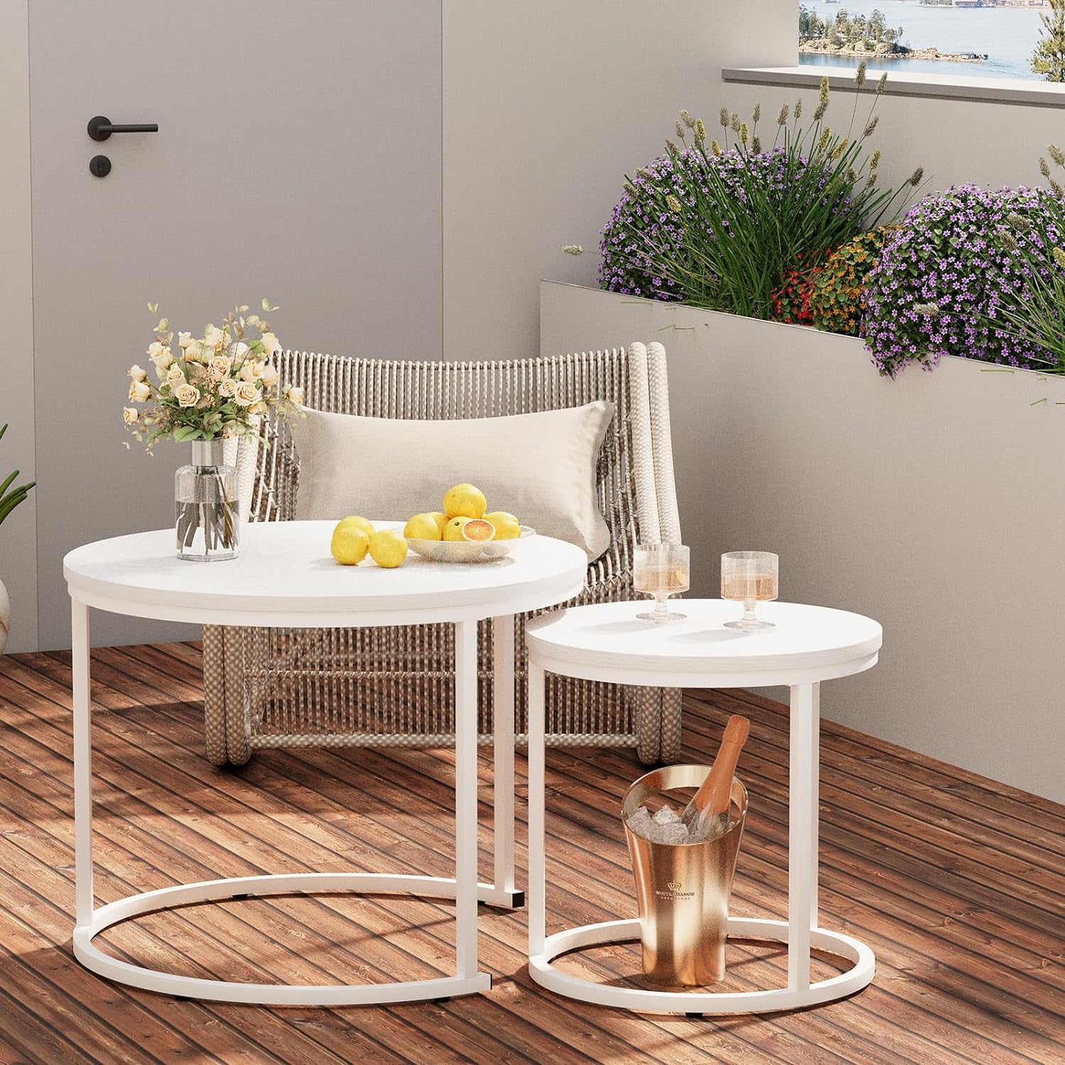 Nesting Coffee Table Round Side Table Set of 2 End Tables for Living Room Bedroom Balcony,White Wooden Stacking Accent Coffee Tables with Metal Frame - Image 5