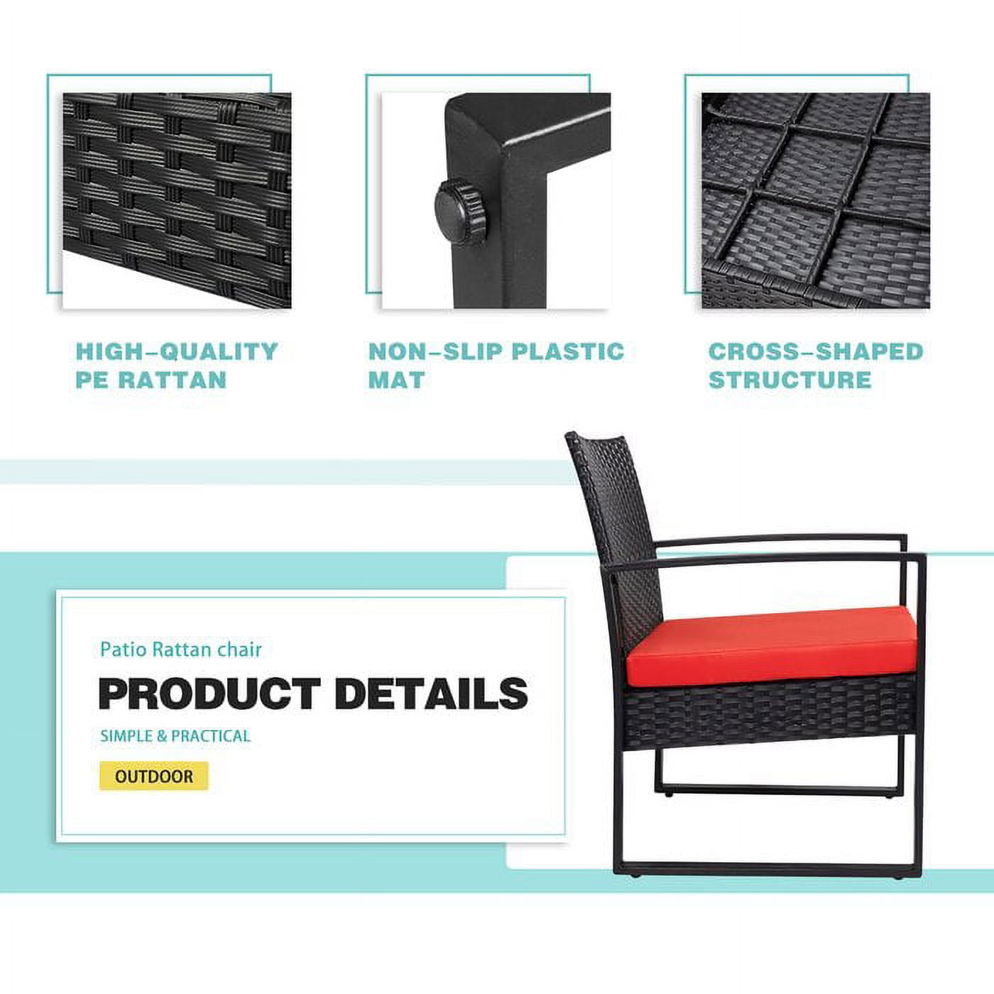 Vineego 3 Pieces Bistros Sets Outdoor Wicker Patio Furniture Sets PE Rattan Chairs Conversation Sets with table, Red - Image 2