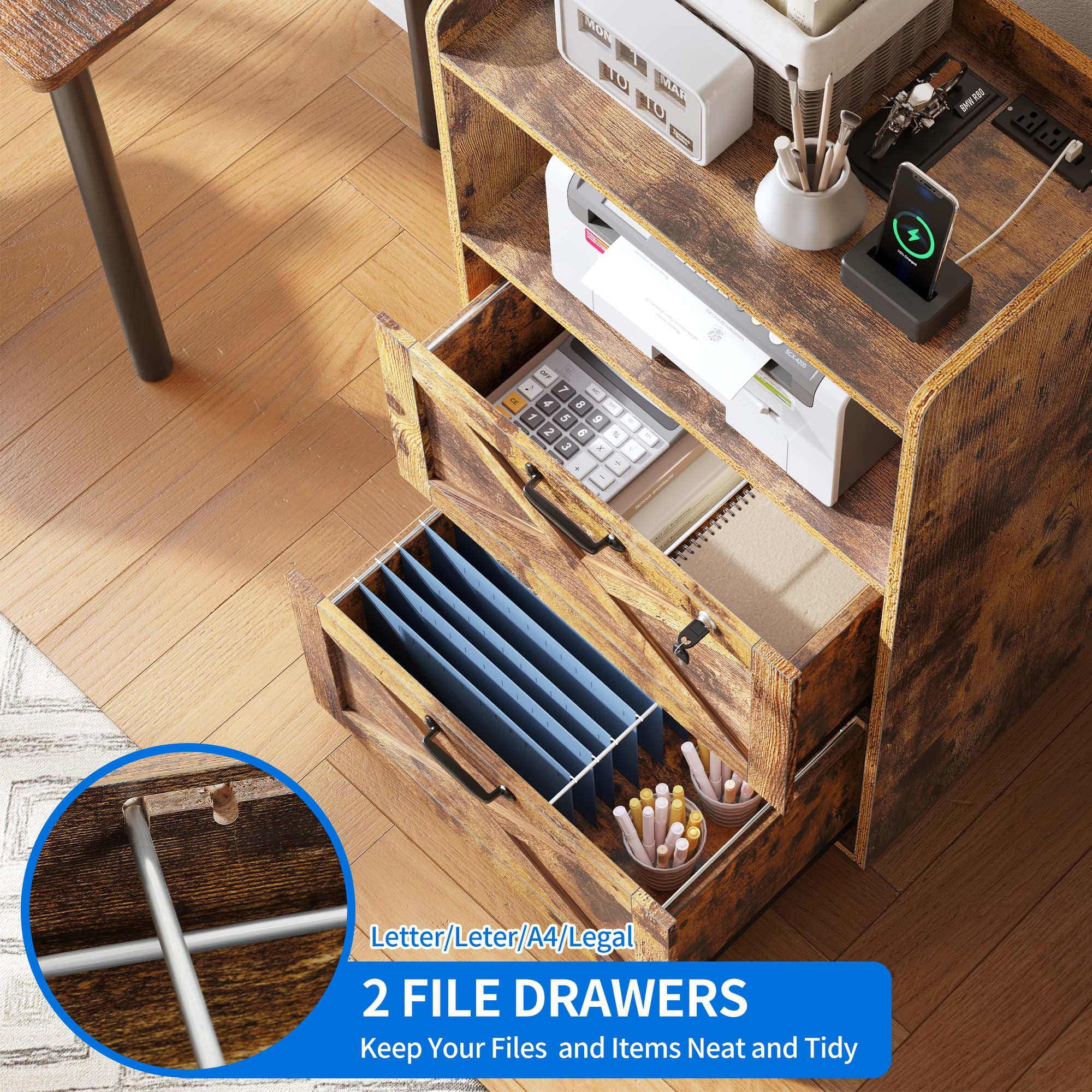 Uforic 2 Drawer File Cabinet with LED Light & Lock, Wood Filing Cabinet Charging Station Printer Stand with Open Shelf for A4, Letter, Legal Size Files for Home Office, Brown - Image 6