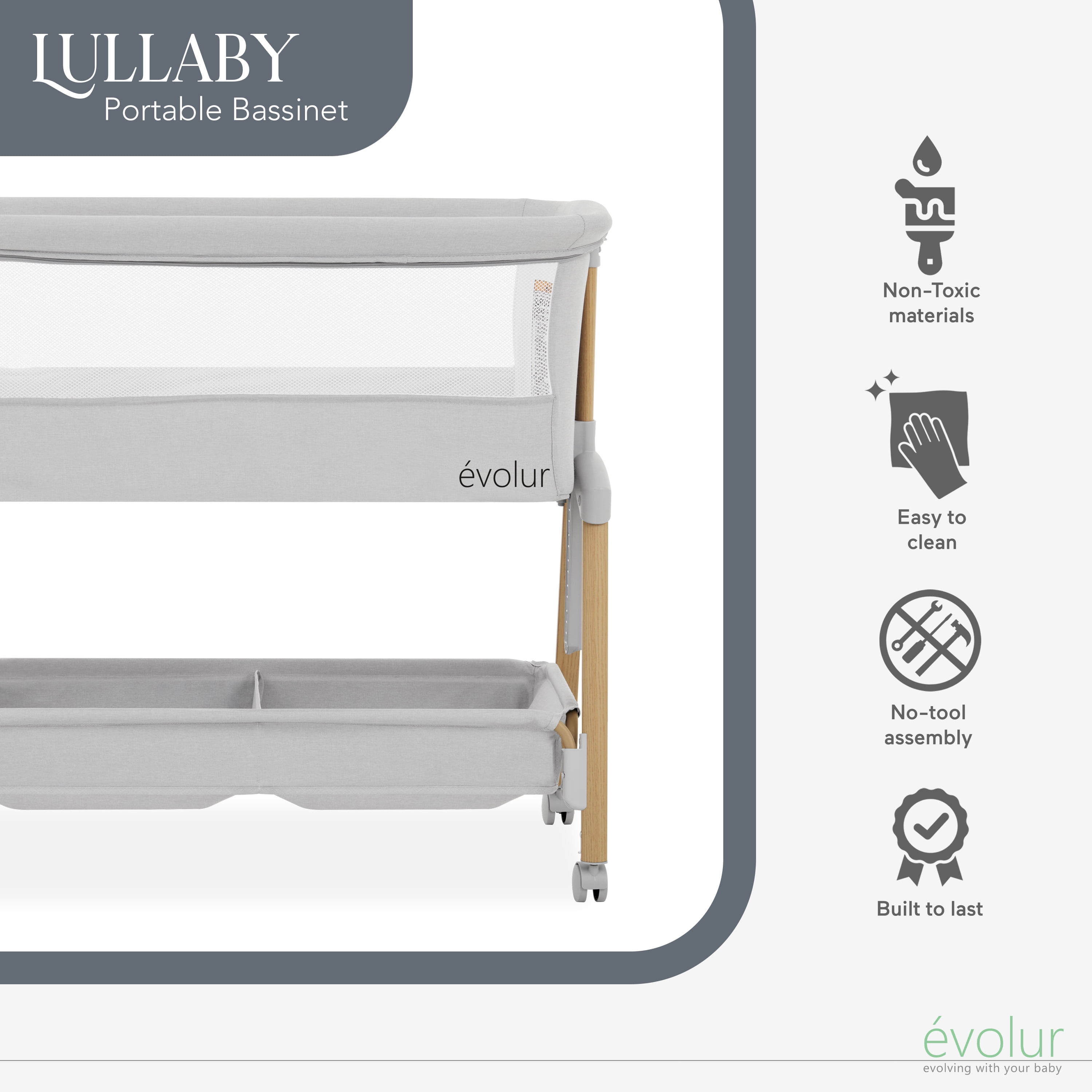 Evolur Lullaby Portable Bassinet With Wheels, Light Gray - Image 3