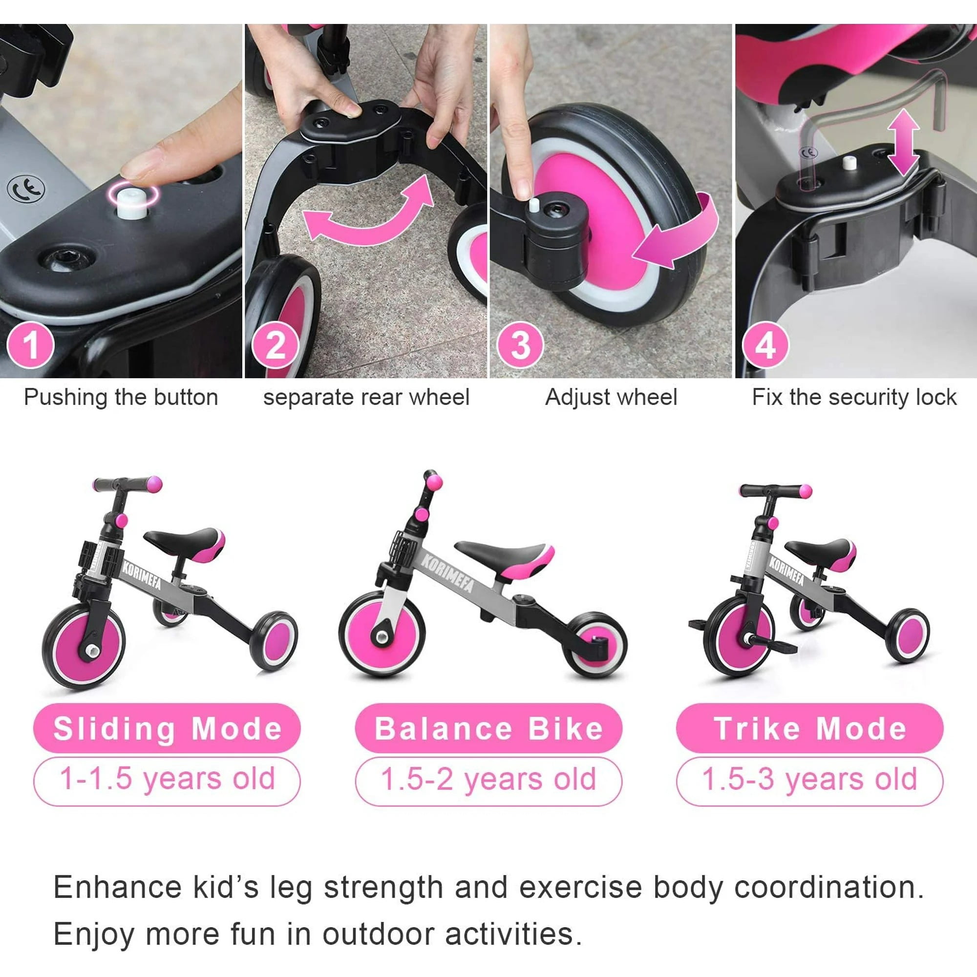 KORIMEFA 5 in 1 Kids Tricycle for 1-4 year olds, Toddler Bike Kids Trike for Balance Training, Baby Bike with Push Handle for Boy Girl - Image 10