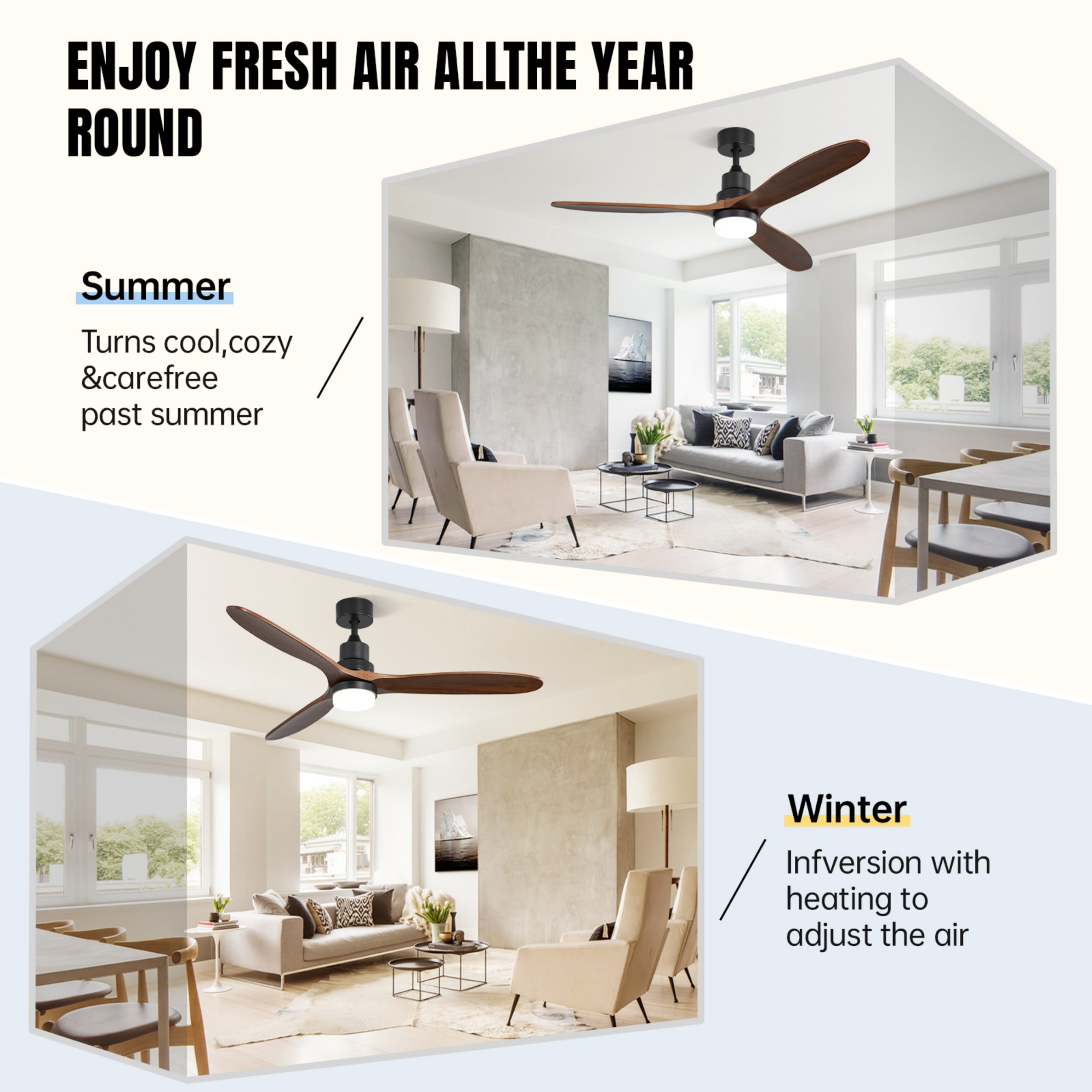 Sofucor 60-Inch Matte Black Ceiling Fan with Lights, Remote, Walnut Blades, Dimmable Light, Reversible DC Motor - Image 2