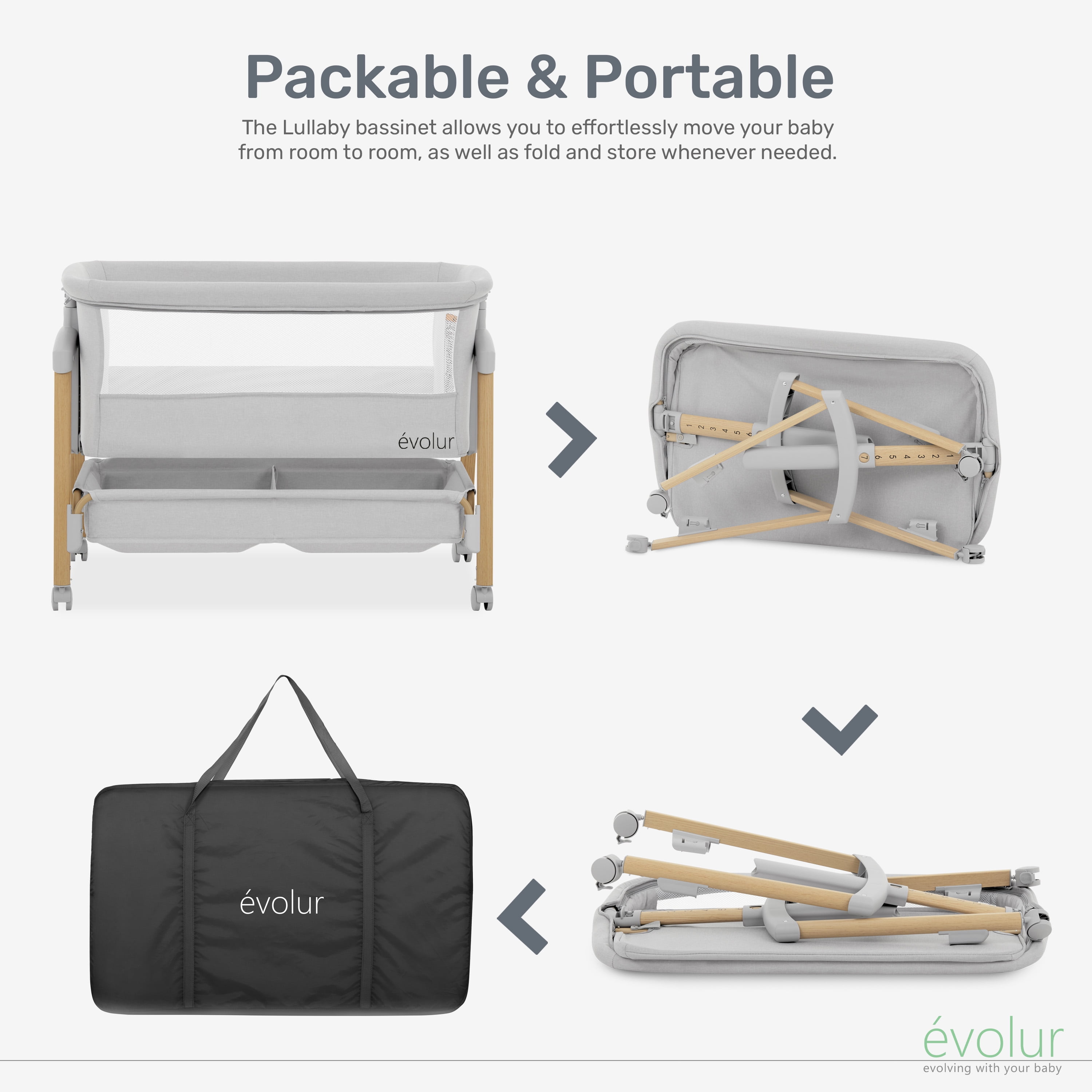 Evolur Lullaby Portable Bassinet With Wheels, Light Gray - Image 7