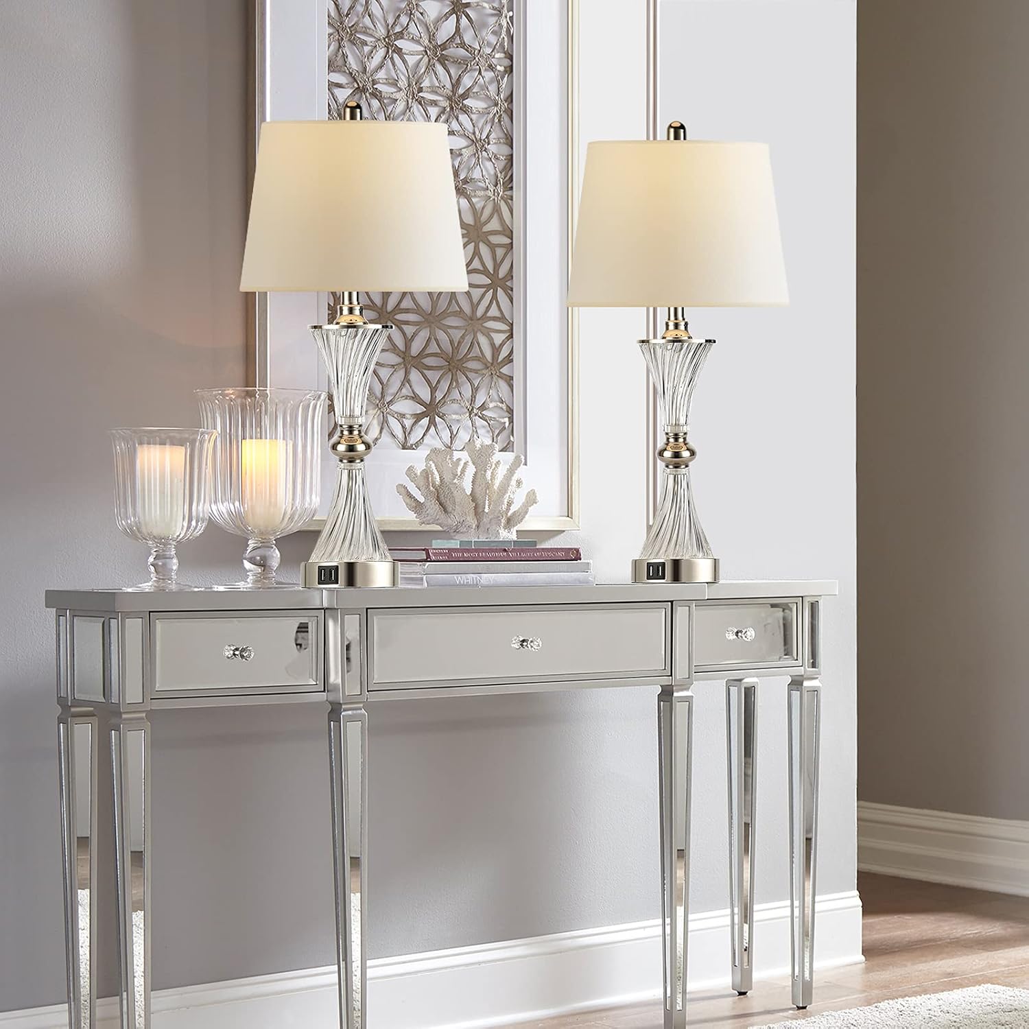 Partphoner 26'' Tall Modern Silver 3-Way Dimmable Touch Control Table Lamps Set of 2 with Dual USB Ports - Image 6