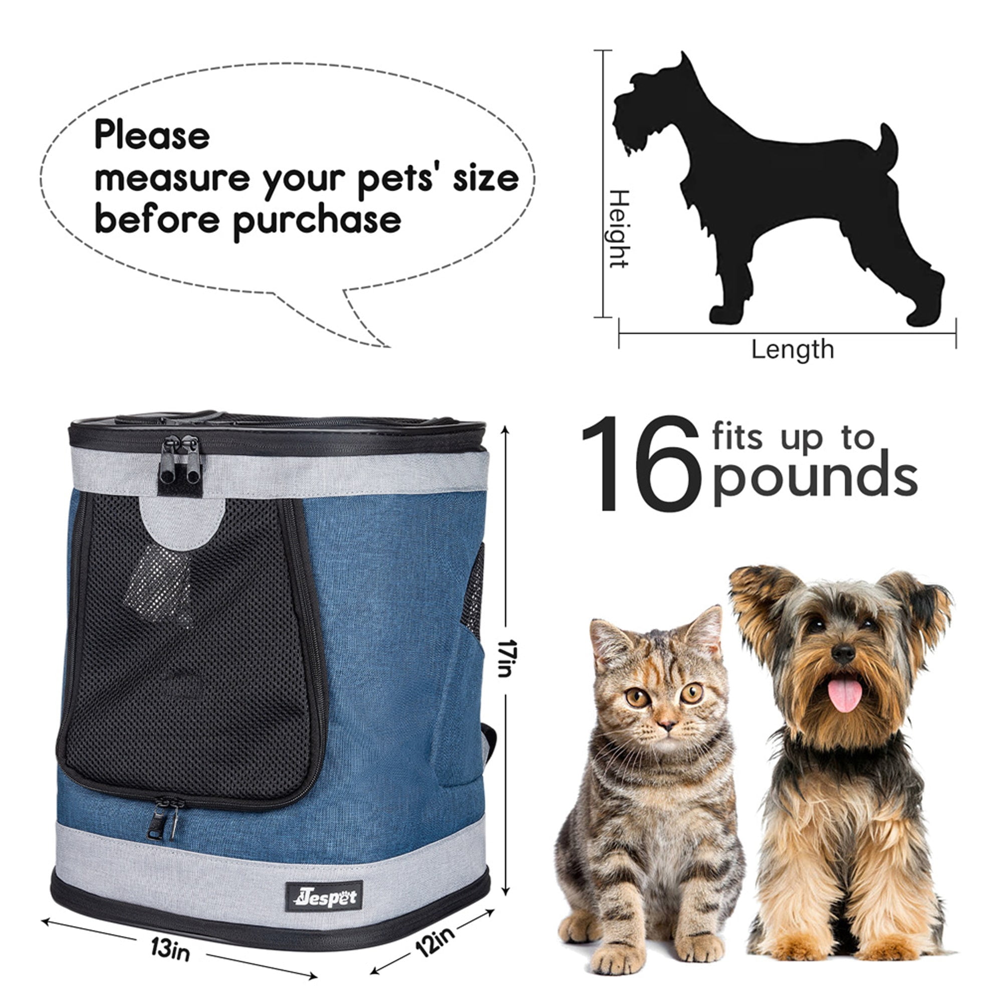 JESPET & GOOPAWS: Pet Soft Backpack Carrier - Blue Grey - 13", Small Dogs & Cats, Portable-Traveling-Hiking-Walking, Outdoor, Mesh Window, Ventilated - Image 3