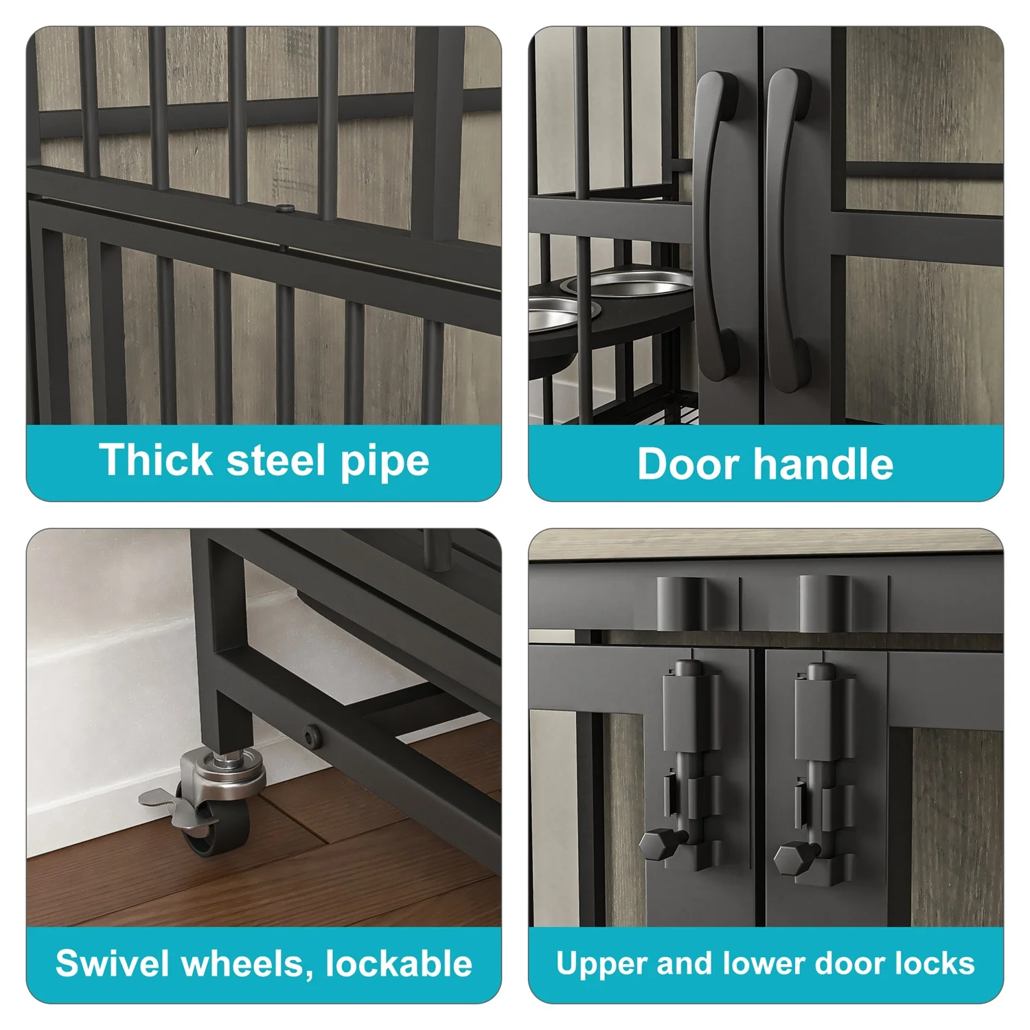 Hommoo Modern Kennel Dogs Room, Double-Door Dog House with Removable Tray、lift Panel、Adjustable Feeding Bowls, Dog Crate Cage for up to 80 LB, Grey - Image 7