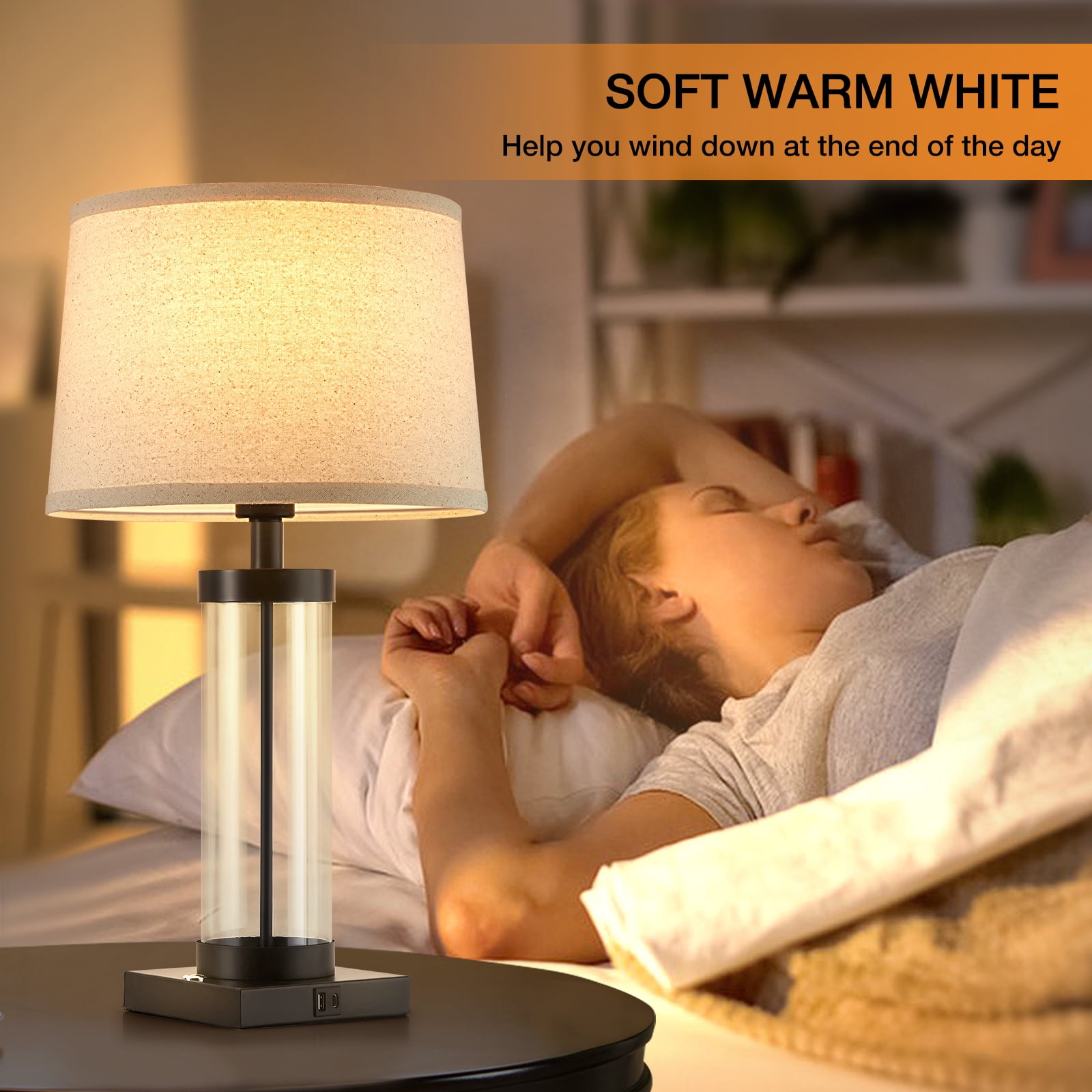 NATYSWAN Glass Table Lamps Set of 2 ,3 Way Dimmable Nightstand Touch Lamps for Living Room,Modern Bedside Reading Lights with USB Ports - Image 6