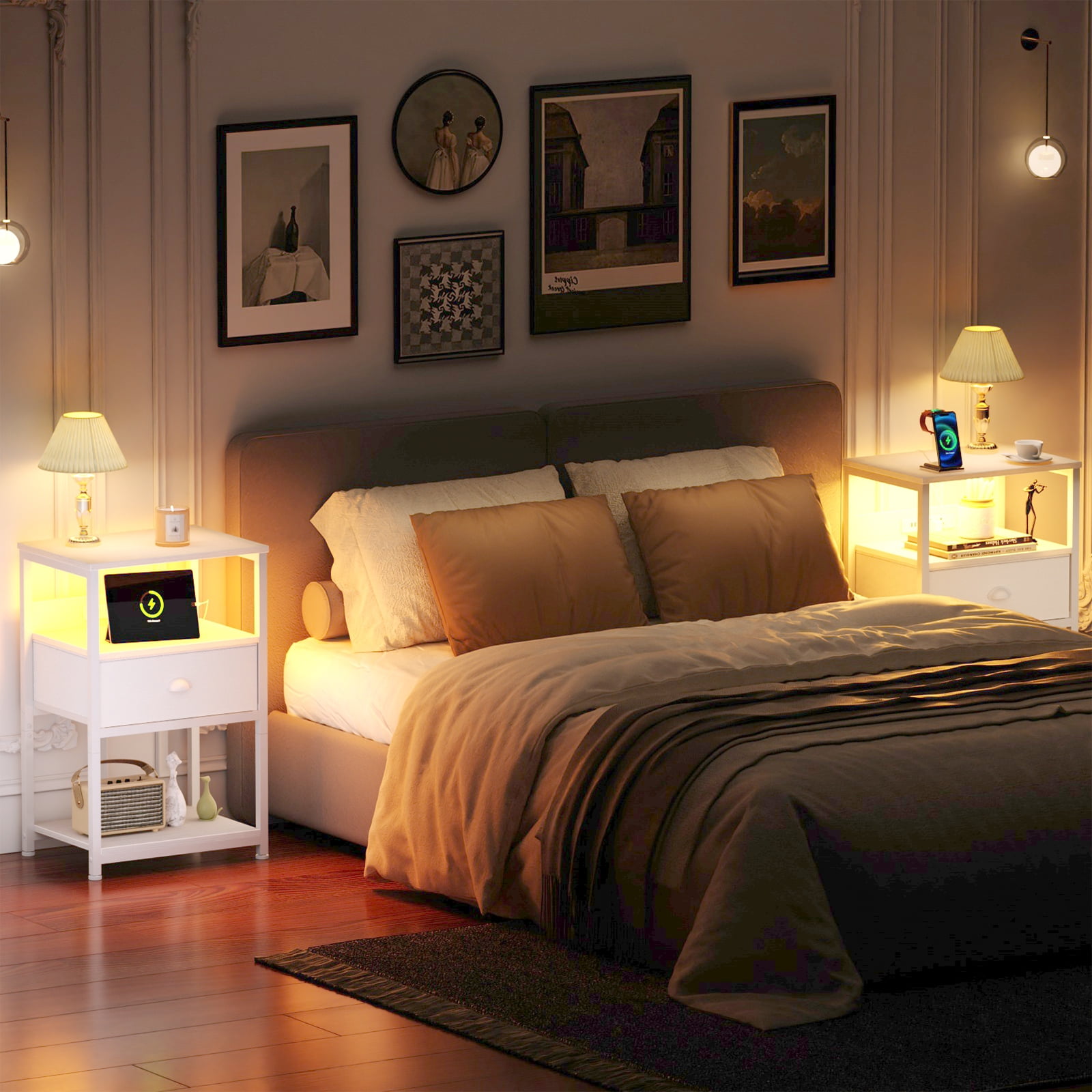 Furologee LED Nightstand with Charging Station for Living Room, Bedside Table with USB Ports & Outlets, White - Image 7