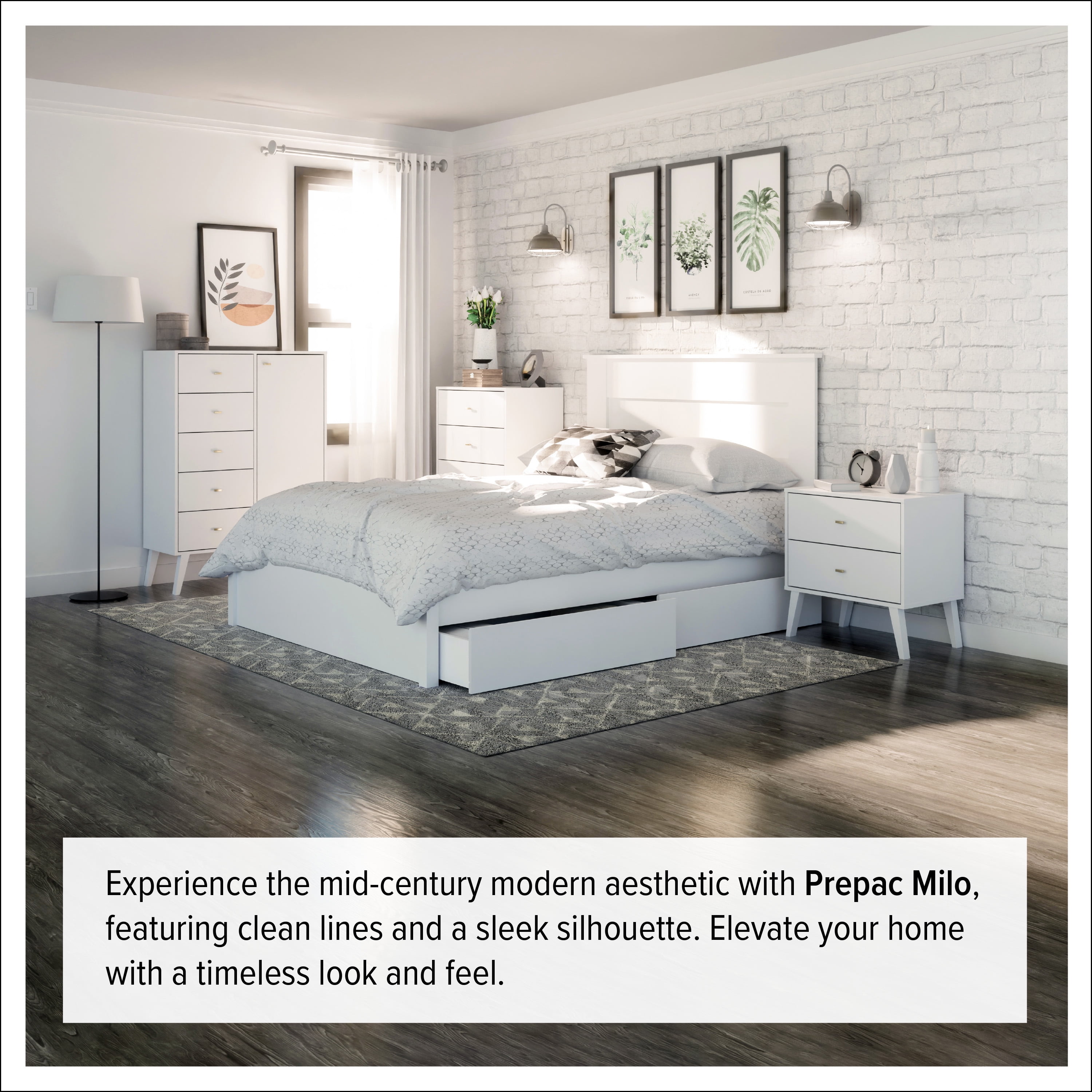 Prepac Milo Mid-Century Modern 2-Drawer Nightstand, 16"D x 25"W x 25"H, White - Image 11