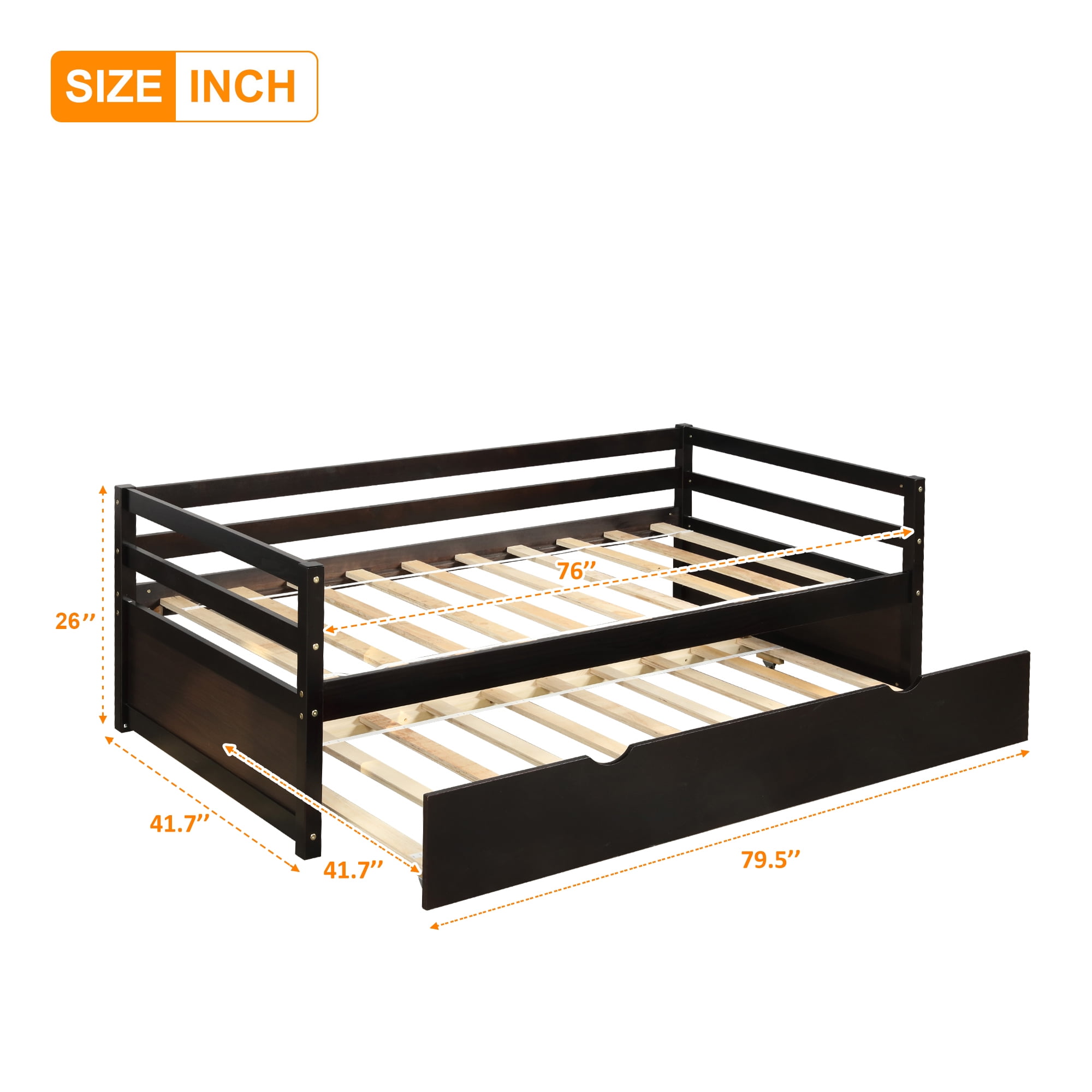 Euroco Twin Size Daybed with Twin Trundle Bed for Kids Teens Adults Bedroom, Espresso - Image 2