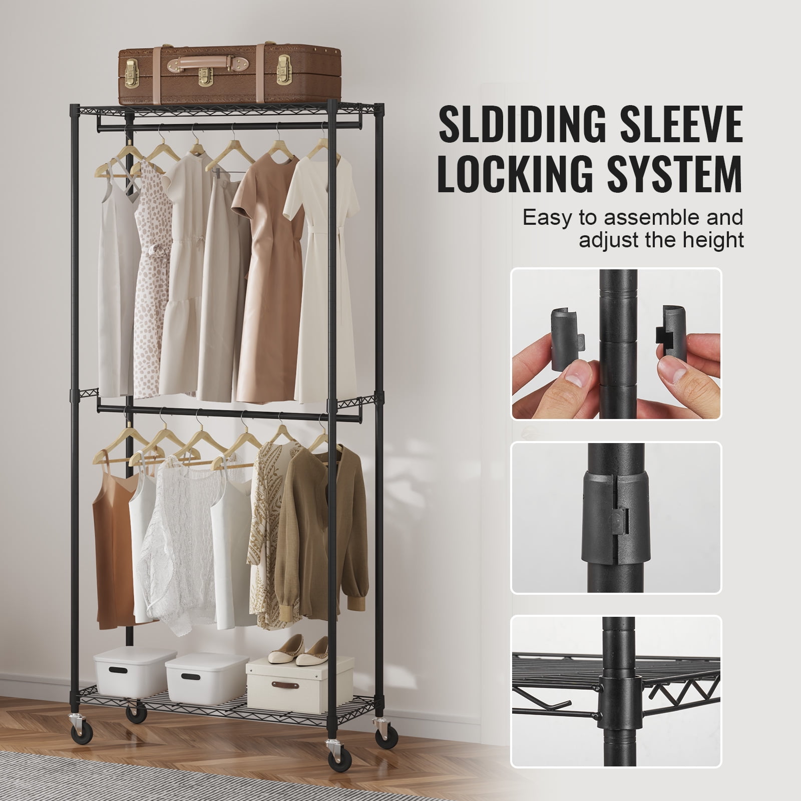 KFFKFF Sturdy Apparel Rack, Dual Rods for Garments with Upper and Lower Shelving, Mobile Wardrobe on Wheels, 1'' Thick Steel Construction Supports Up to 300Lbs - Image 9