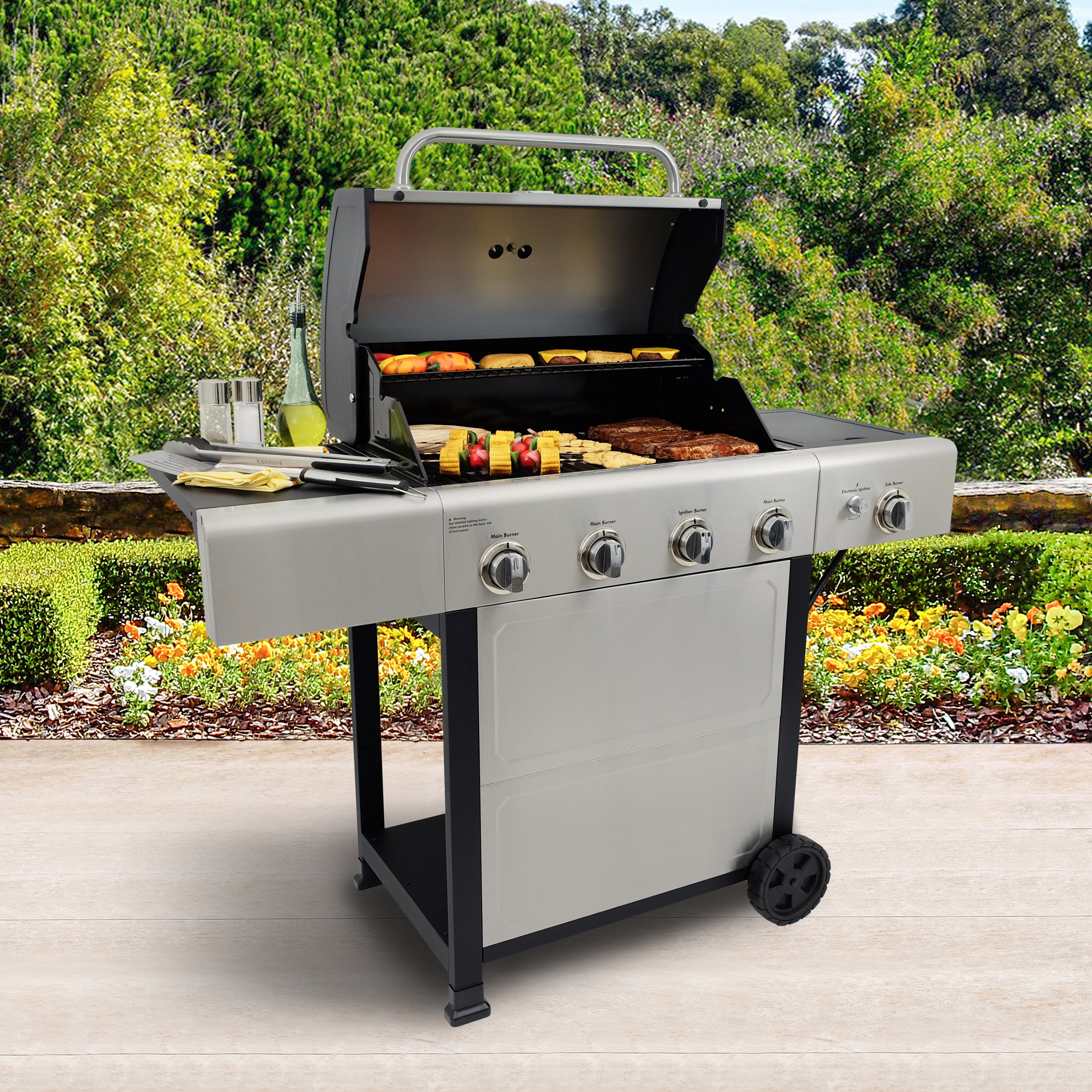 Kenmore 4-Burner Outdoor Propane Gas Grill with Side Burner, Open Cart, Stainless Steel - Image 6