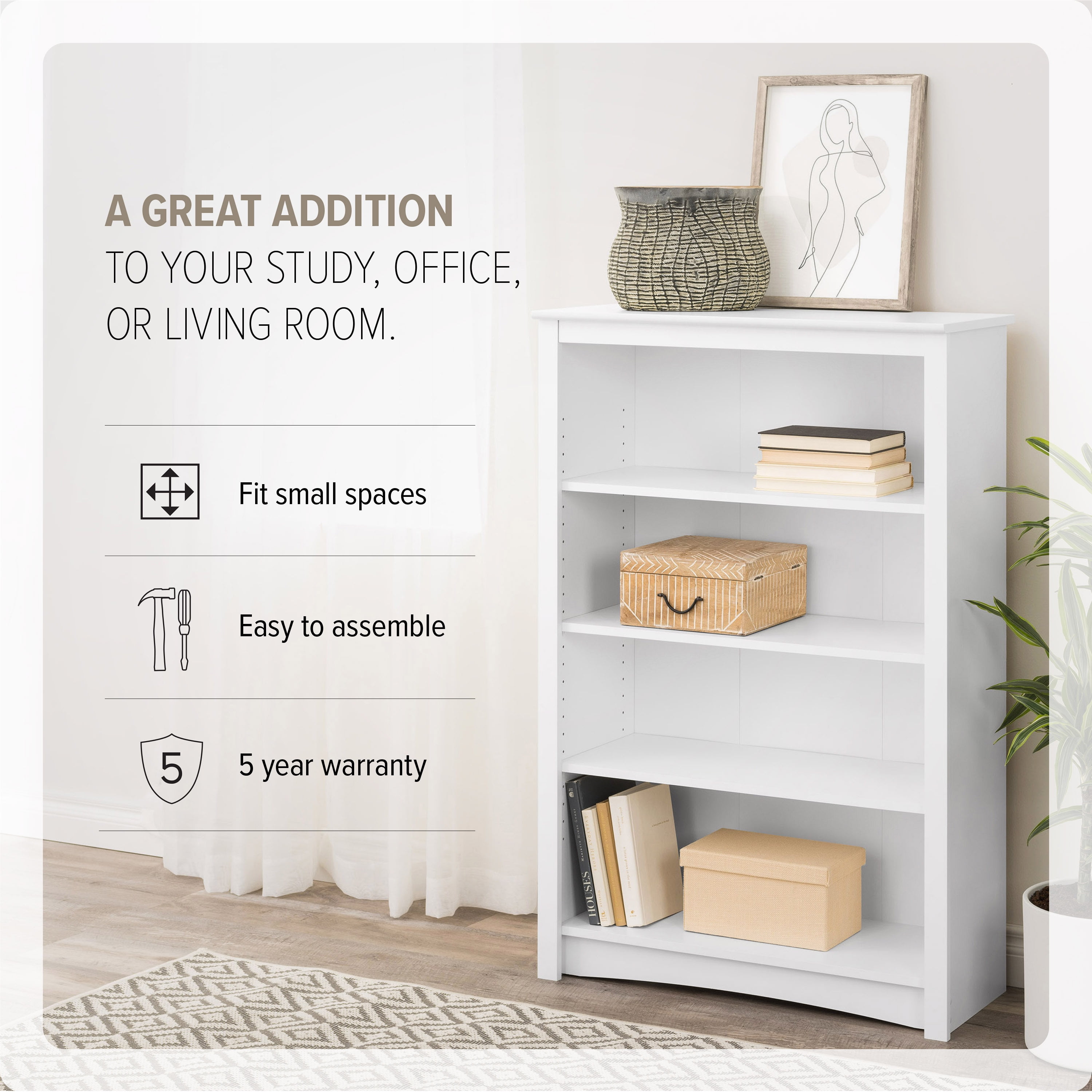 Prepac Home Office 4-Shelf Standard Bookcase with Laminate Finish, White - Image 11