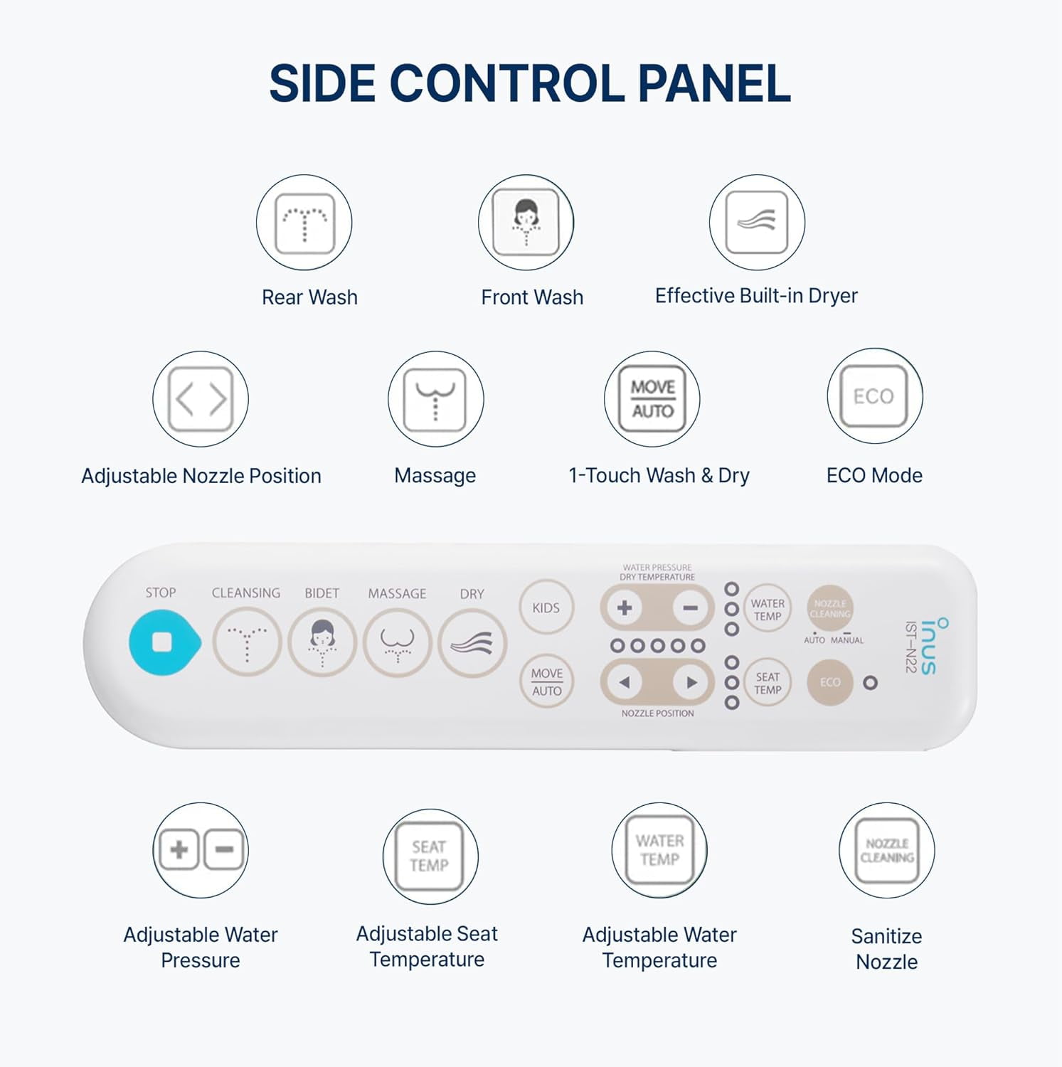 Inus N22 Electric Heated Bidet Toilet Seat Elongated, Warm Water, Smart Heated Water Luxury Bidet Toilet Seat with Kids Mode, Air Dryer, Self Cleaning, Tankless, Smart Touch Panel & Temp Control - Image 7