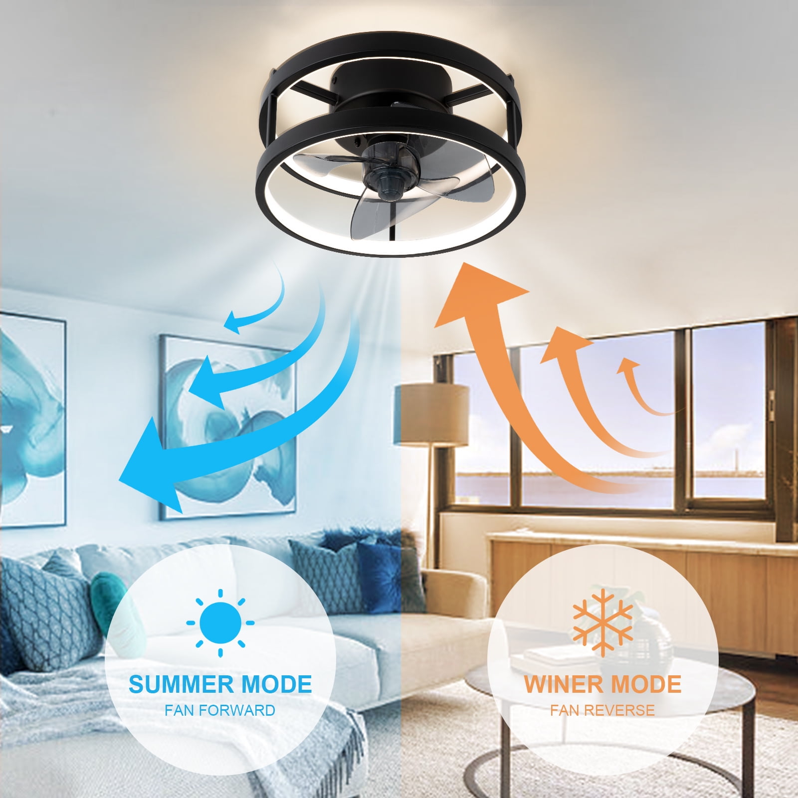 SURNIE 12.2in Metal Black LED Flush Mount Ceiling Fan with Remote Control - Image 8
