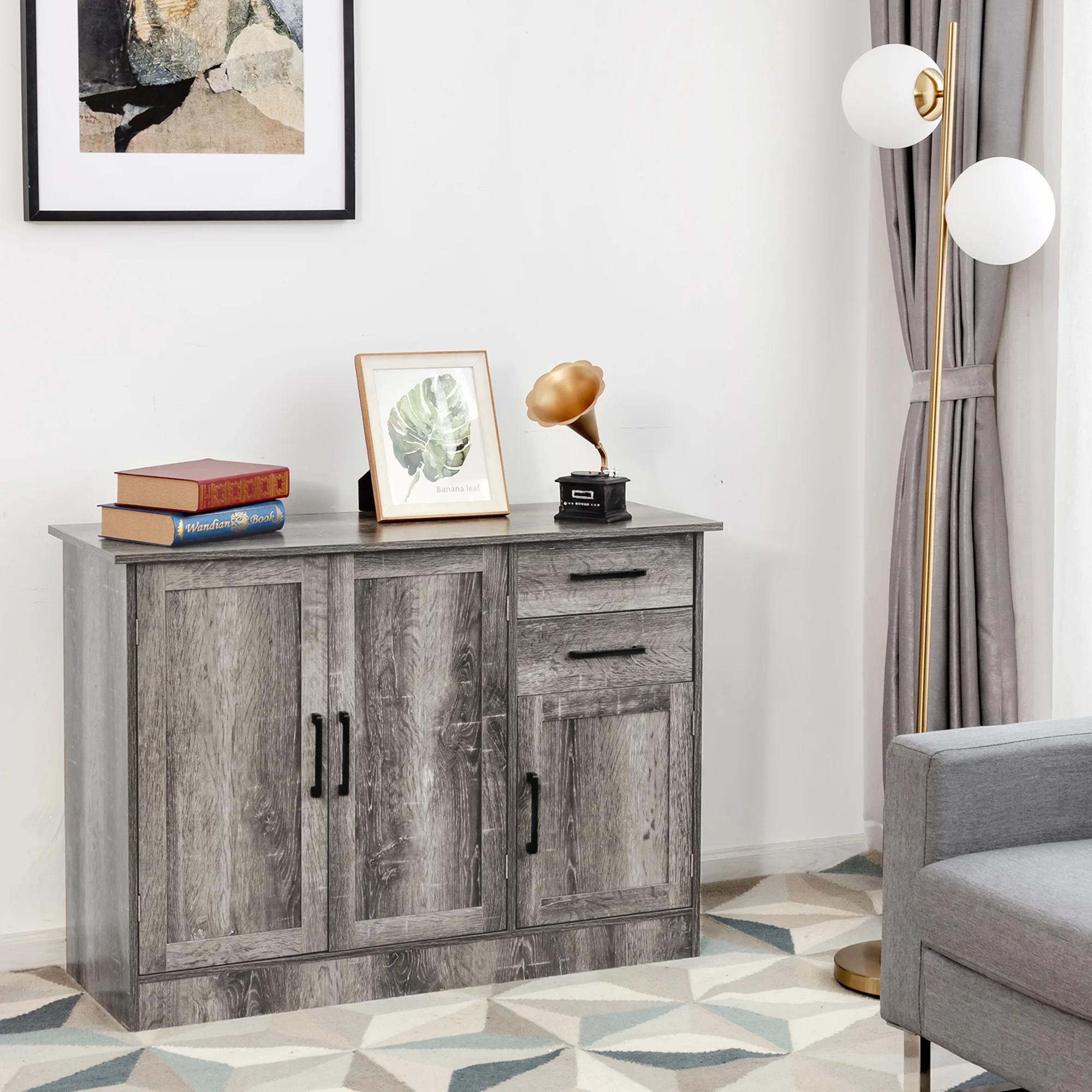 Gymax Buffet Storage Cabinet Console Table Kitchen Sideboard Drawer Grey - Image 7