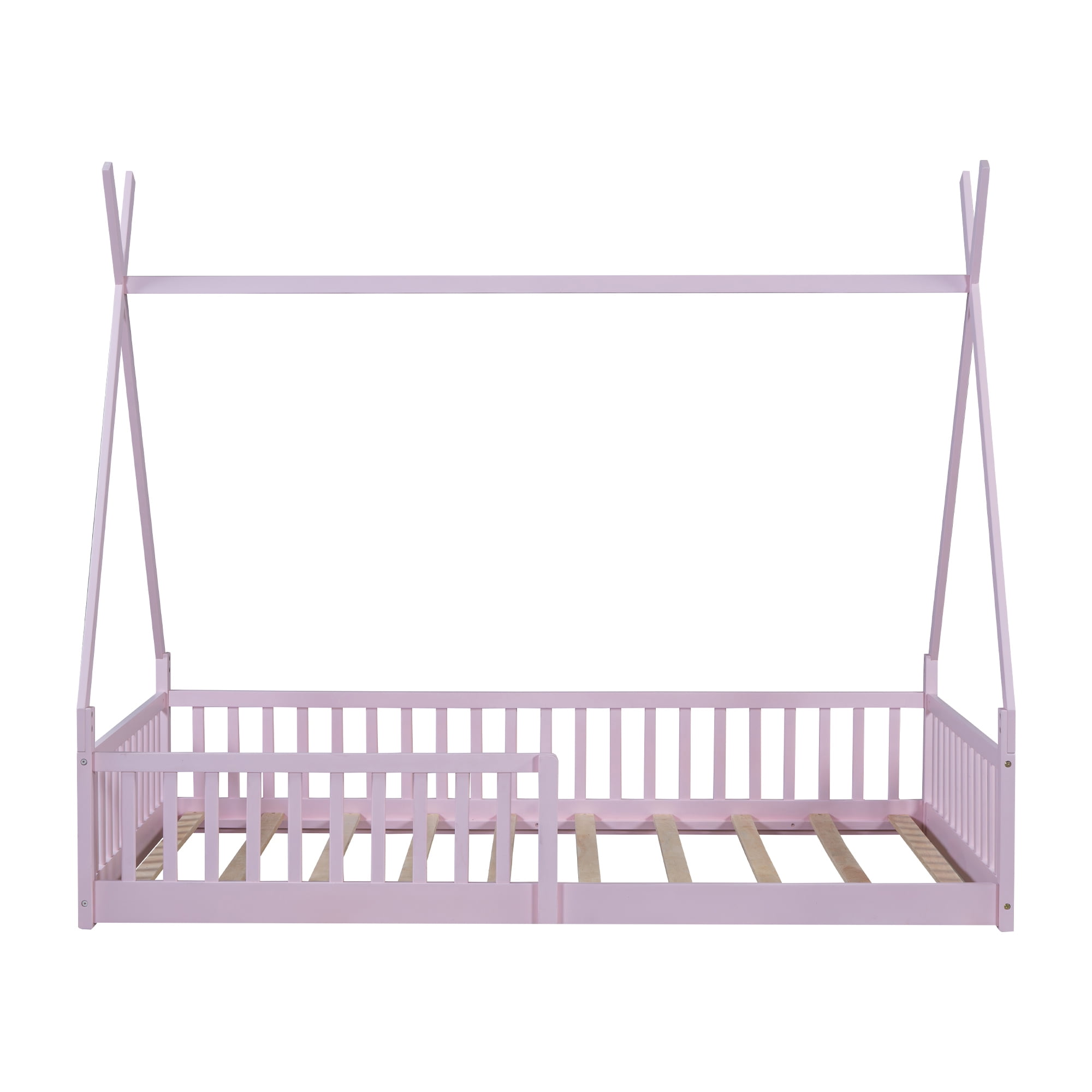 Euroco Twin Size House Platform Bed, Floor Bed with Guardrails for Kids Teens Room, Pink - Image 4
