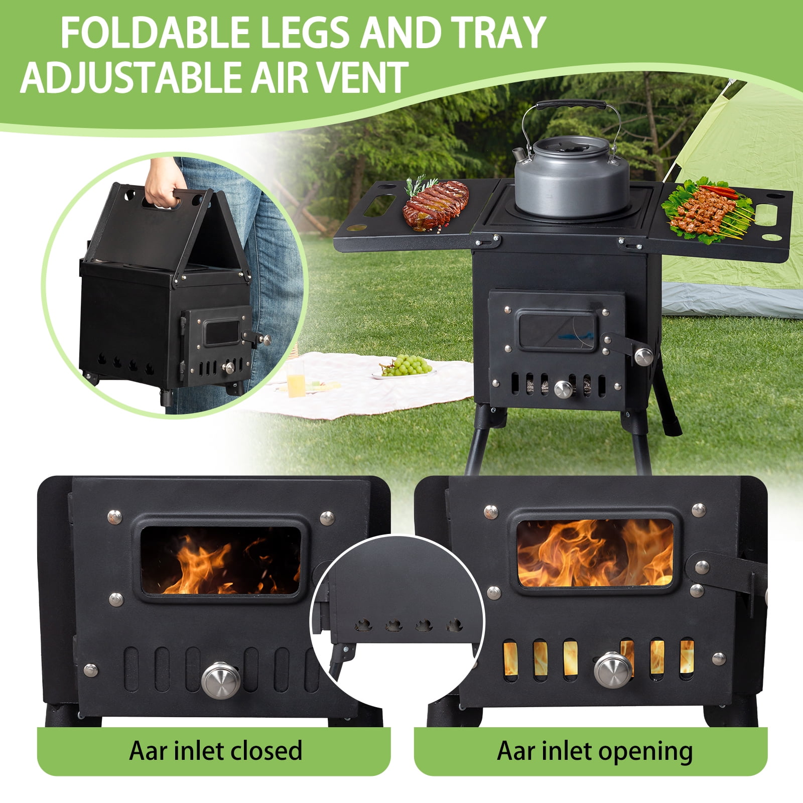 Zimtown Wood Burning Stove with Jack Chimney Pipes Small Portable for Hot Tent Camping Outdoor Cooking and Heating Black - Image 4