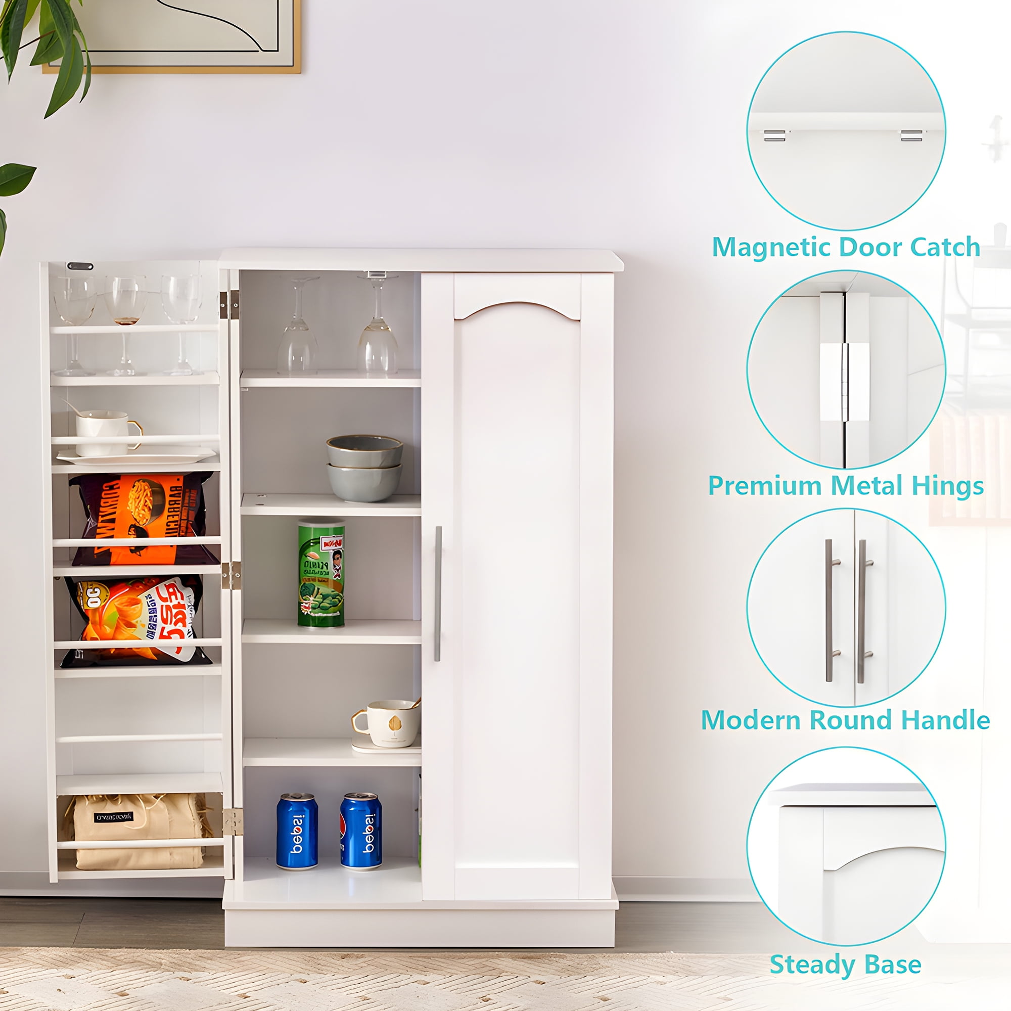 SUGIFT 41" White Kitchen Pantry Storage Freestanding Buffet Cupboards with Doors & Adjustable Shelves Pantry Organizers for Living Room and Dinning Room - Image 2