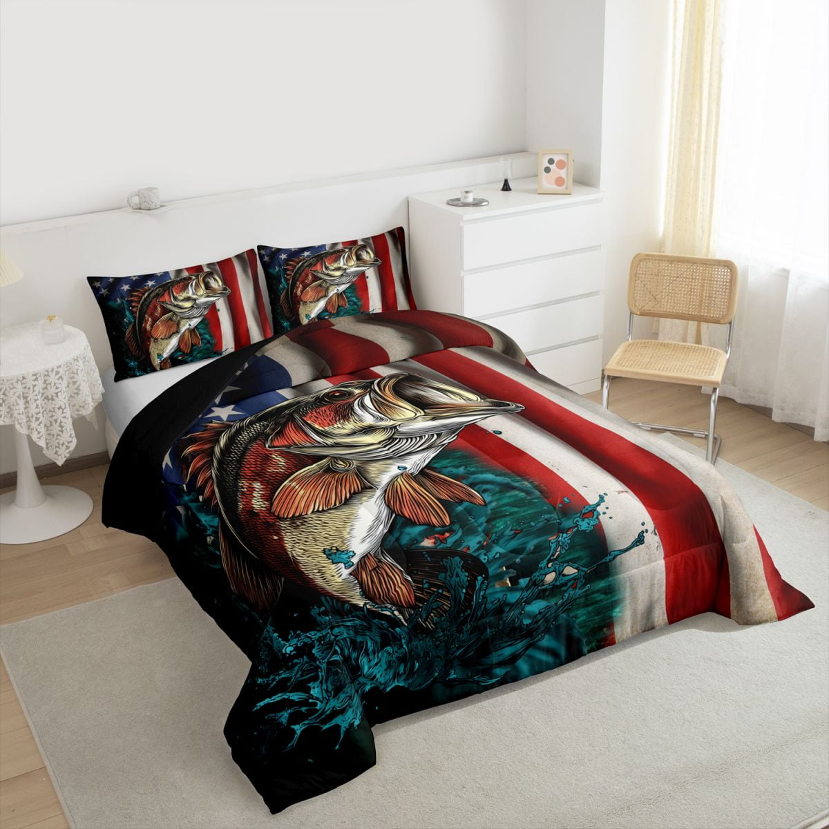American Flag Bass FishingTwin Bedding Set Fisherman Fishing Comforter USA Flag Duvet Insert Big Pike Fish Fishing Lures Hook Hunting Decor Quilt Hunting and Fishing Farmhouse Decor - Image 7