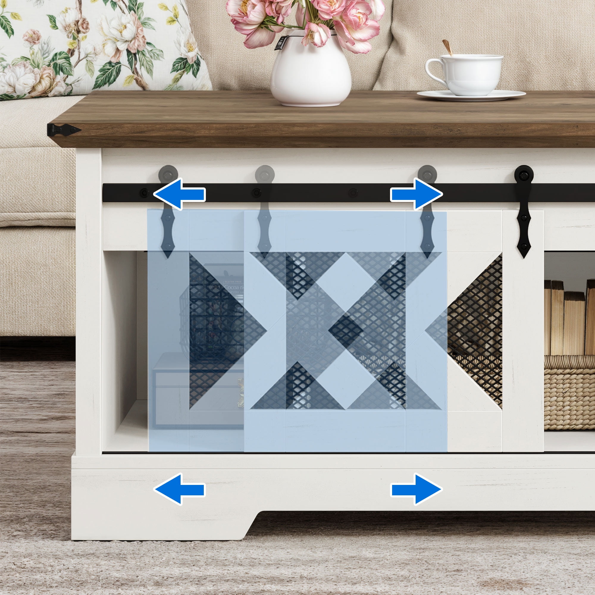 Dextrus Farmhouse Lift Top Coffee Table with Storage & Sliding Door, Rustic Center Table for Living Room, White and Brown - Image 3