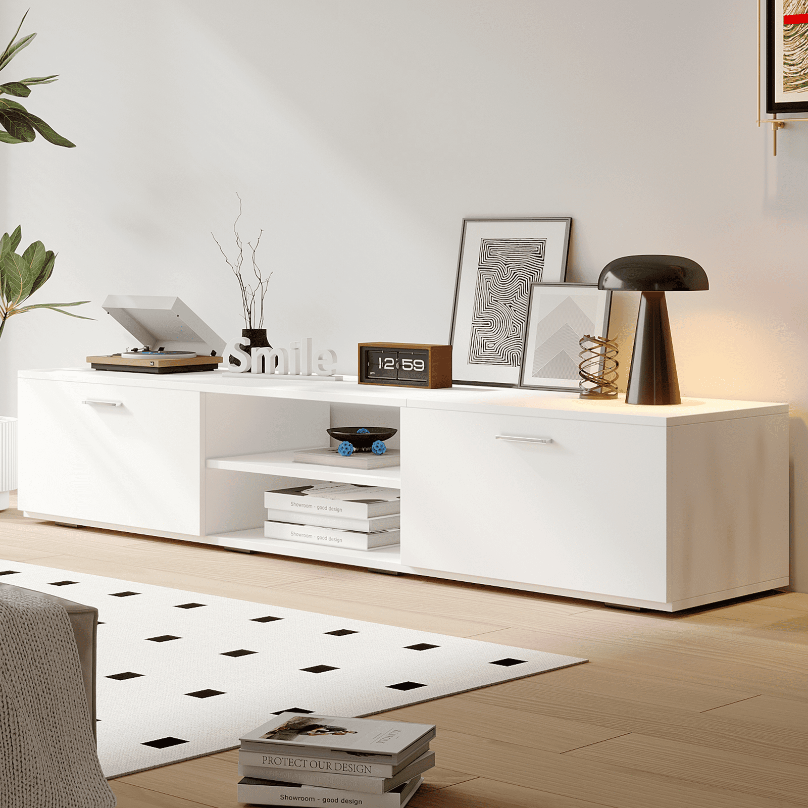 RichYa Modern TV Stand for 55/65/70 Inch TVs, 2 Storage Cabinets 2 Open Shelves, 2-in-1 TV Cabinet & Coffee Table for Home Decor, Media Cabinet for Living Room Bedroom, White - Image 8