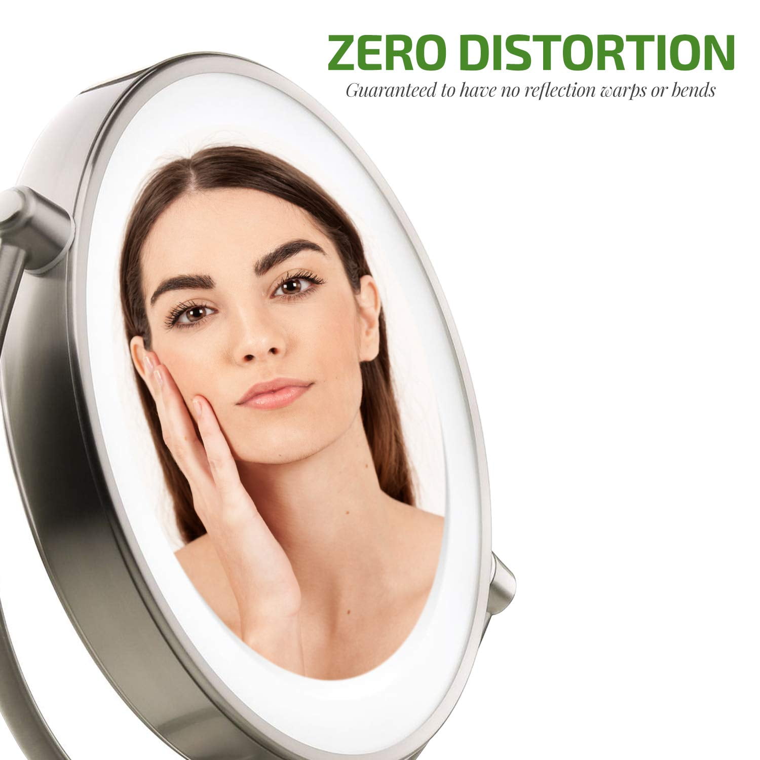 Ovente Lighted Makeup Mirror Tabletop 9.5 Inch 1X 5X Magnifier Dimmable 360 Degree Double Sided Spinning LED Acrylic Edge Battery USB Powered Vanity Skin Care Circle Large Nickel Brushed MGT95BR1X5X - Image 7