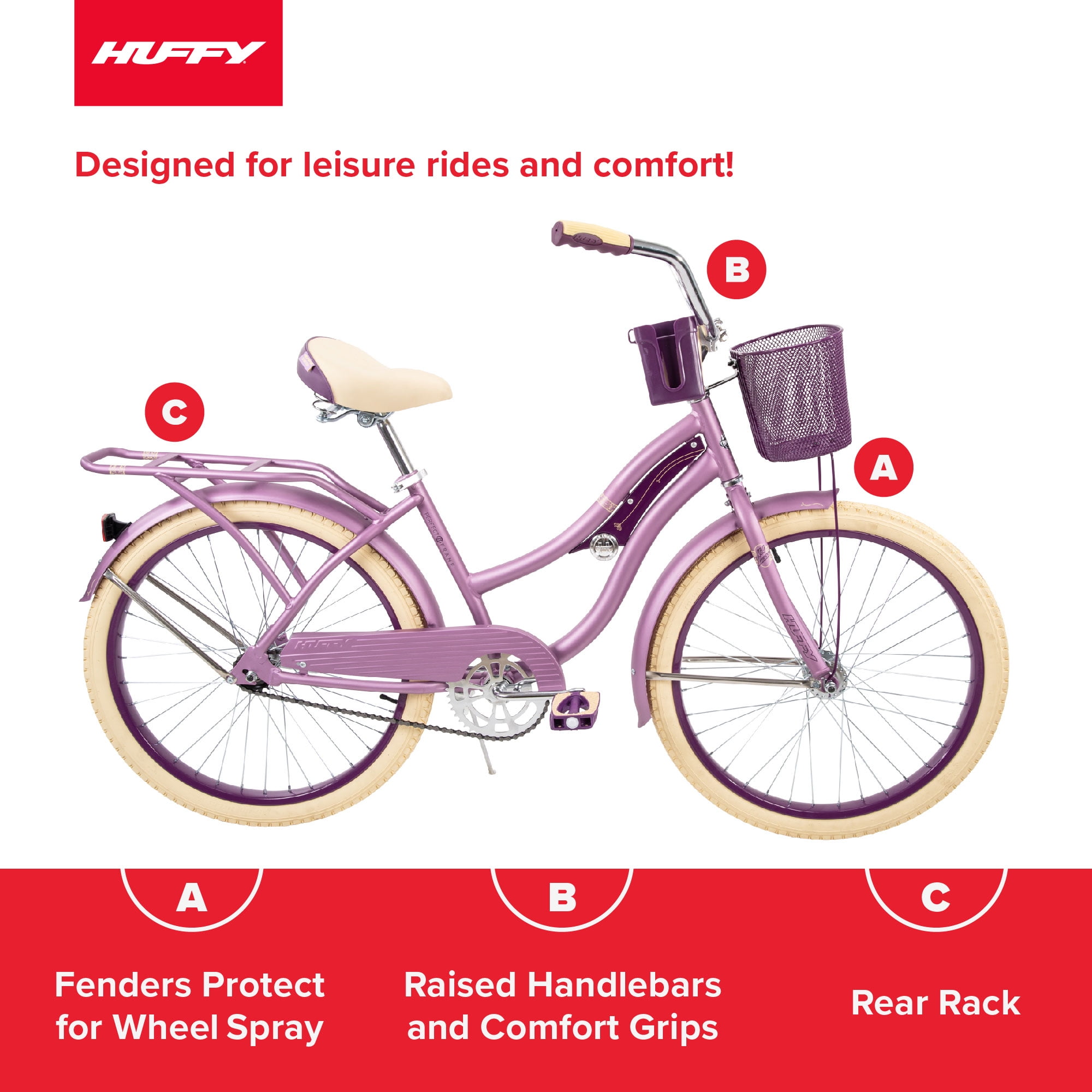 Huffy 24" Nel Lusso Cruiser Bike, Fits Riders 4'8" - 5'8", Purple, Adult, Women's - Image 9